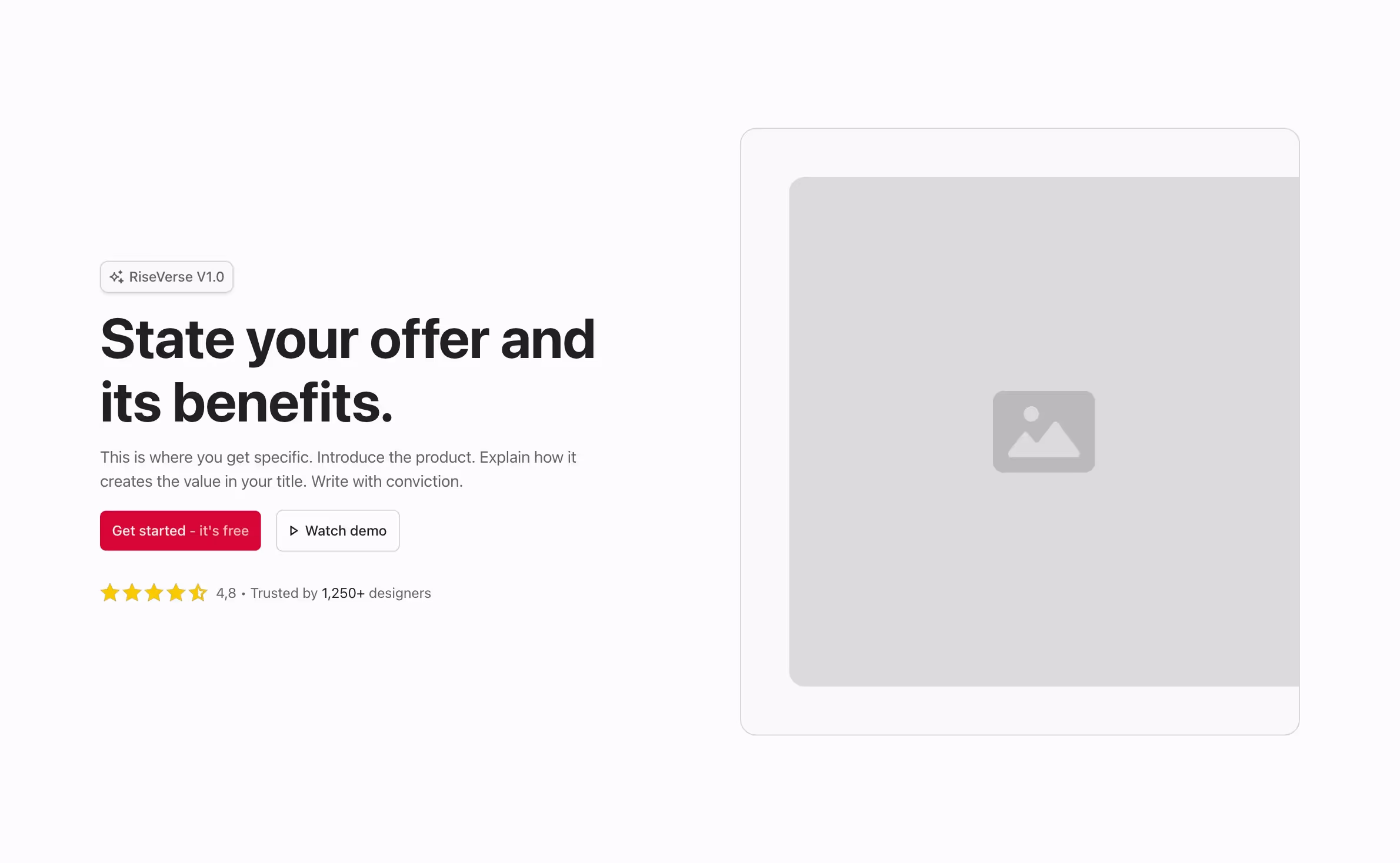 A two-column hero header with a bold headline, subtext, dual call-to-action buttons (including a demo option), a star rating for credibility on the left, and a large image on the right.