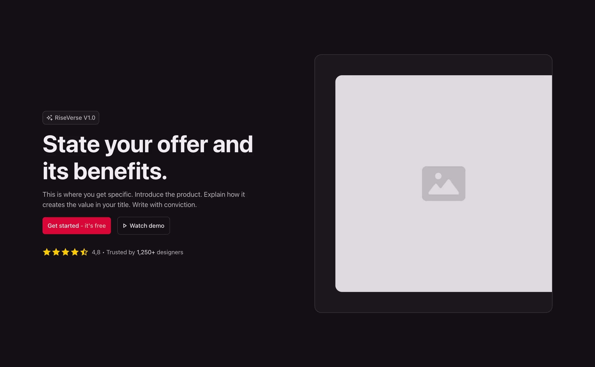 A two-column hero header with a bold headline, subtext, dual call-to-action buttons (including a demo option), a star rating for credibility on the left, and a large image on the right.