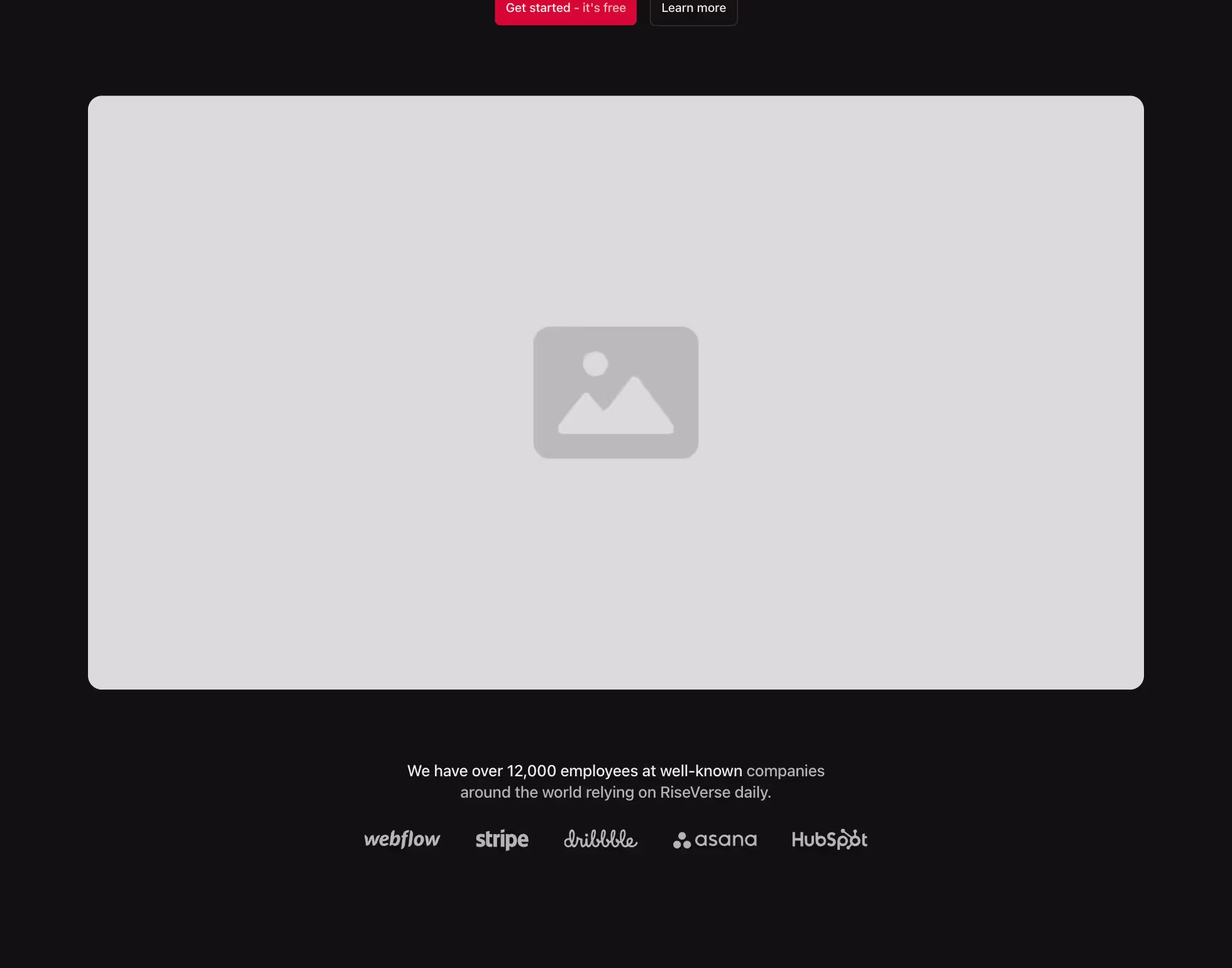 A hero header with a large image centered below a classic header featuring a title, subtitle, and button group, accompanied by a trust statement and logos of well-known companies for credibility.