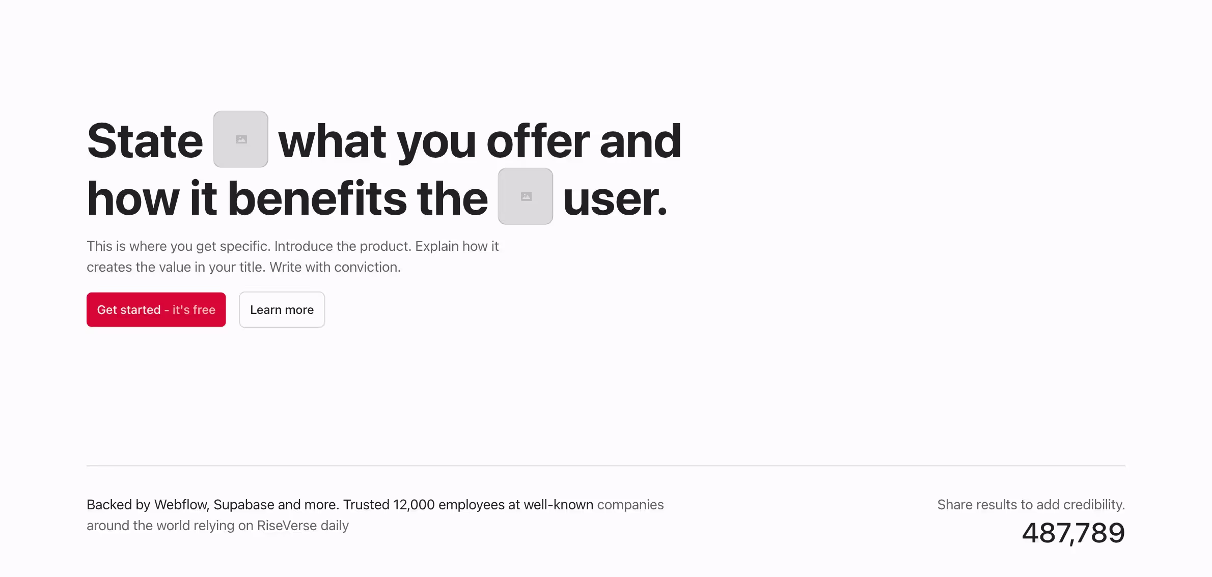A two-column hero with images, call-to-action buttons, and a credibility section showcasing trusted brands and user stats.