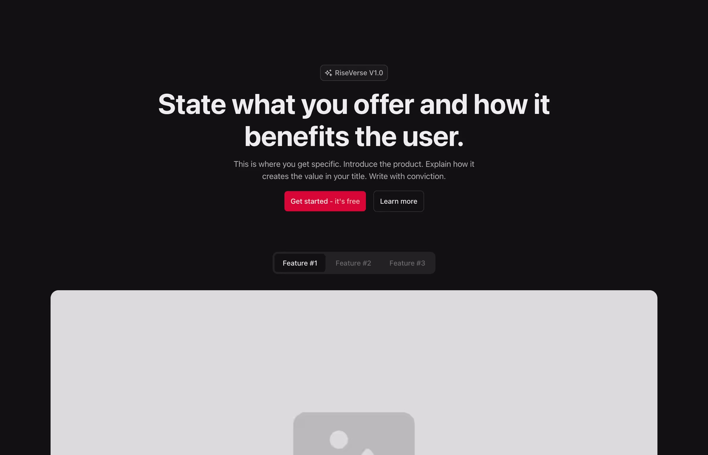 A centered hero header featuring a bold headline, dual call-to-action buttons, a segmented control for navigating features, and a large image below.