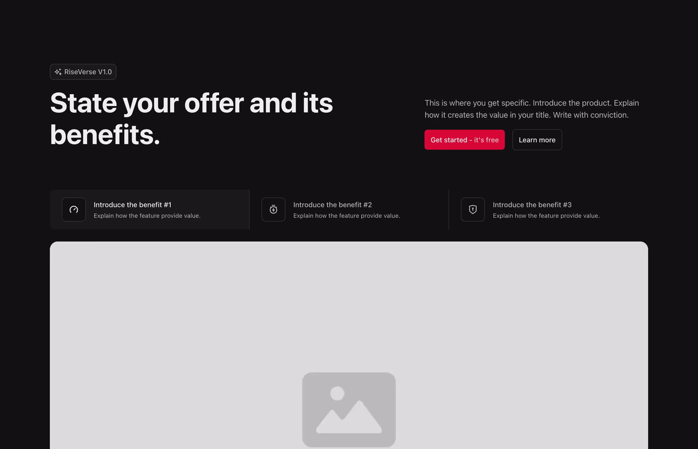 A hero header with a bold headline, supporting text, dual call-to-action buttons, a tabbed section to highlight benefits, and a large image below.