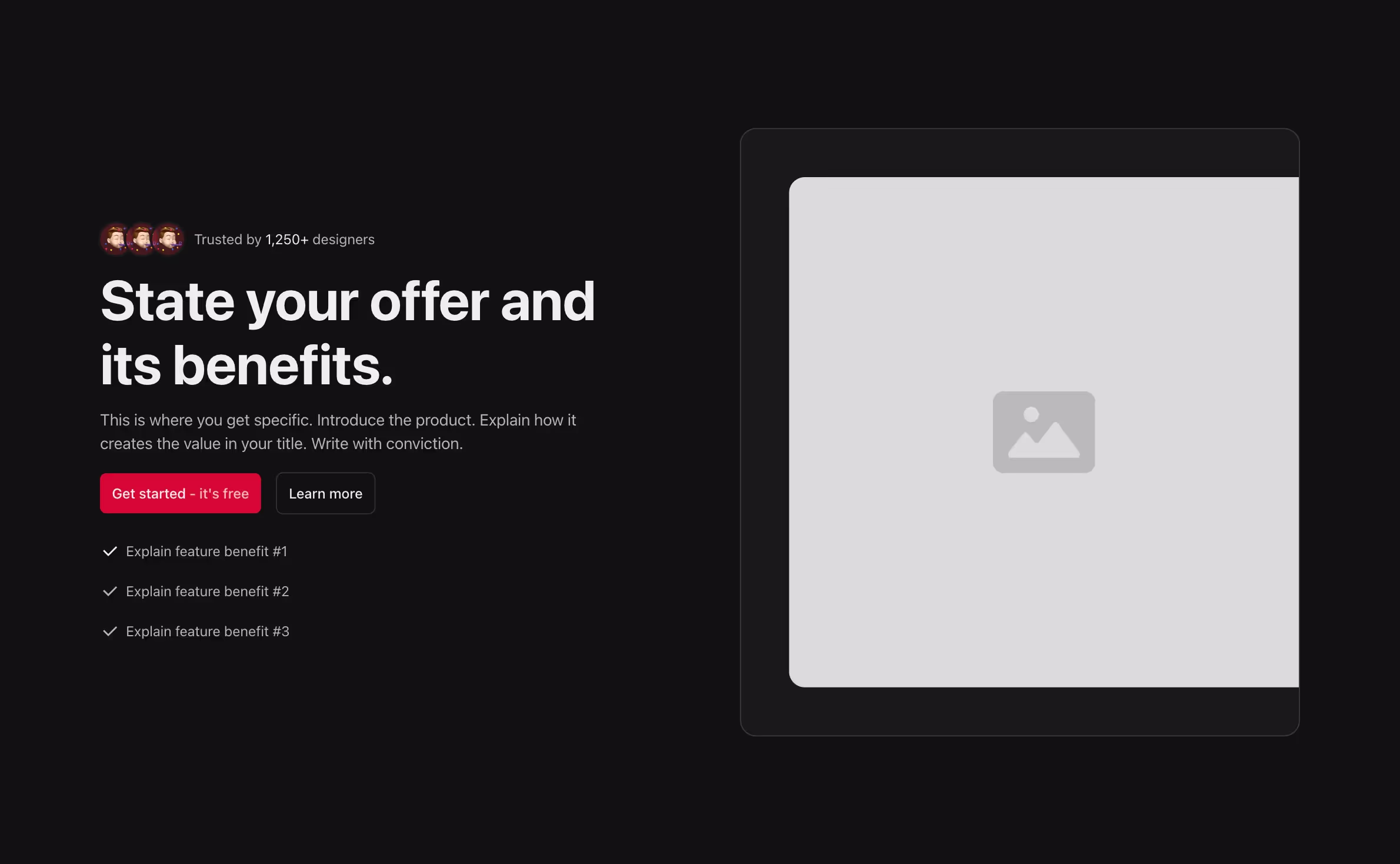 A two-column hero header with social proof icons, a bold headline, supporting text, dual call-to-action buttons, a list of feature benefits on the left, and a large image on the right.