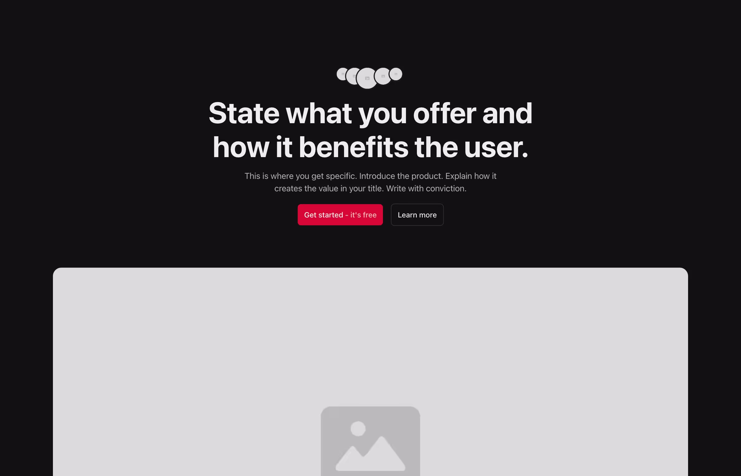 A centered hero header with a bold headline, supporting text, dual call-to-action buttons, a carousel indicator above, and a large image below.