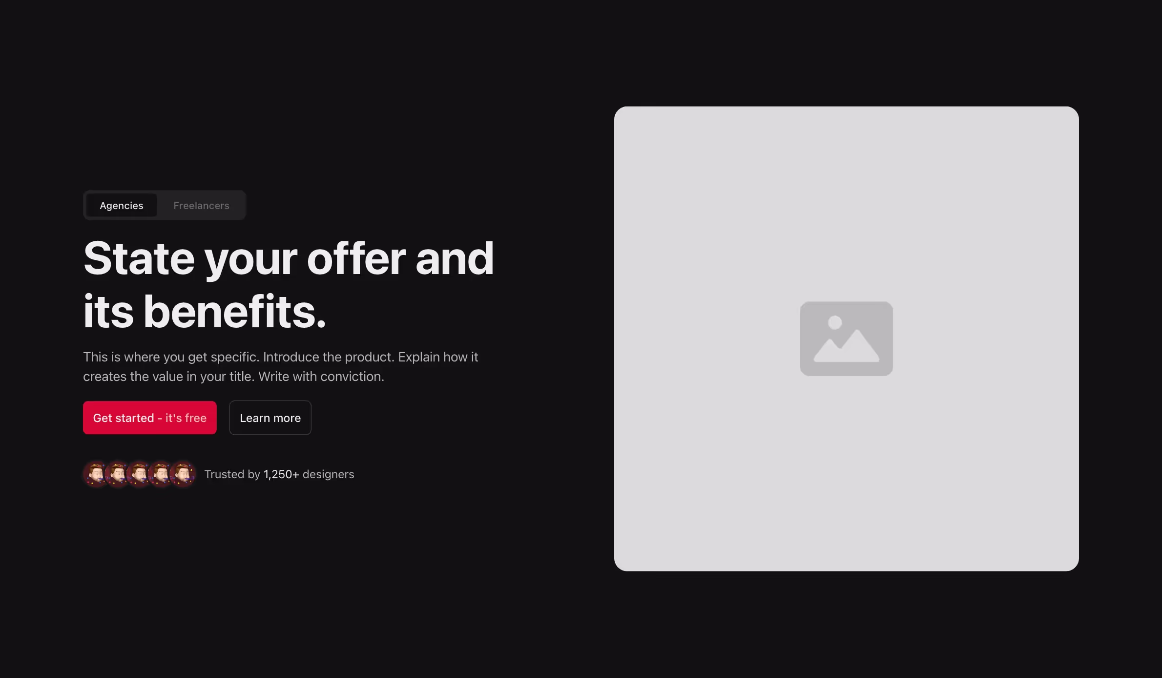 A two-column hero header with a bold headline, supporting text, dual call-to-action buttons, tab links for page switching, social proof icons, and a large image on the right.