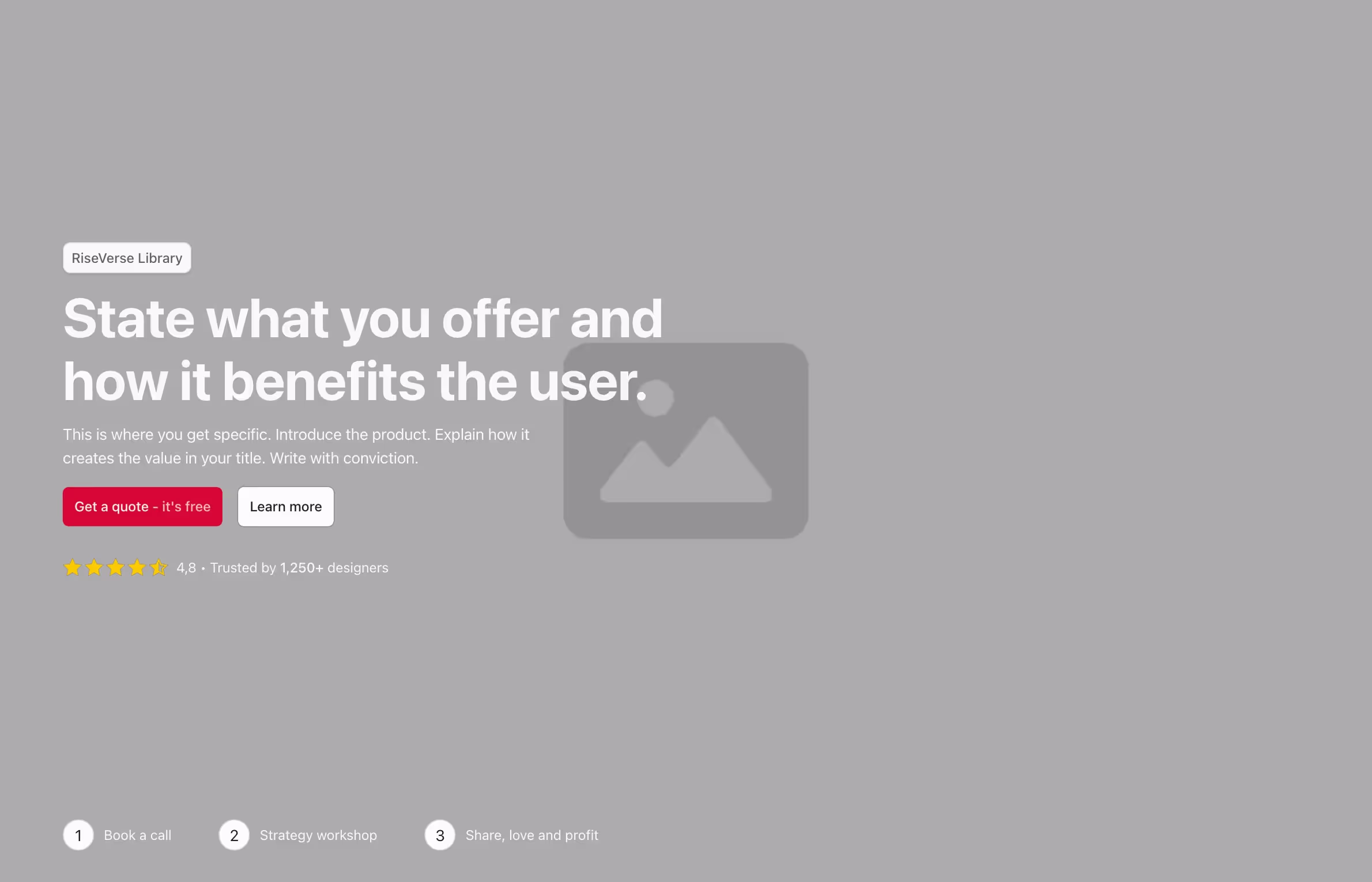 A left-aligned hero header with a bold headline, supporting text, dual call-to-action buttons, star rating, and a step-by-step process indicator below, complemented by an image on the right.