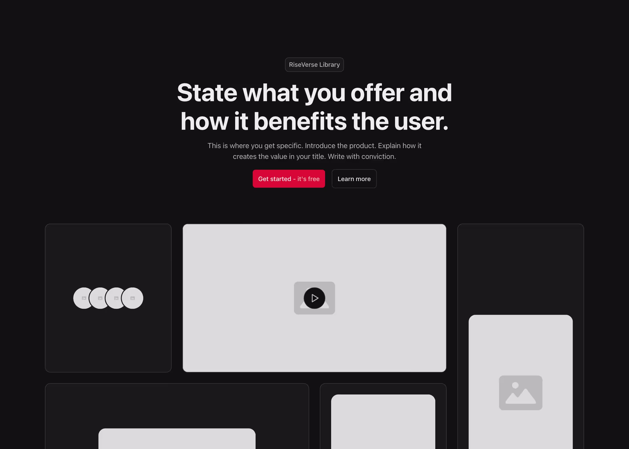 A centered hero header with a bold headline, supporting text, dual call-to-action buttons, and a dynamic image grid below, featuring various media, including a video play button and carousel indicators.