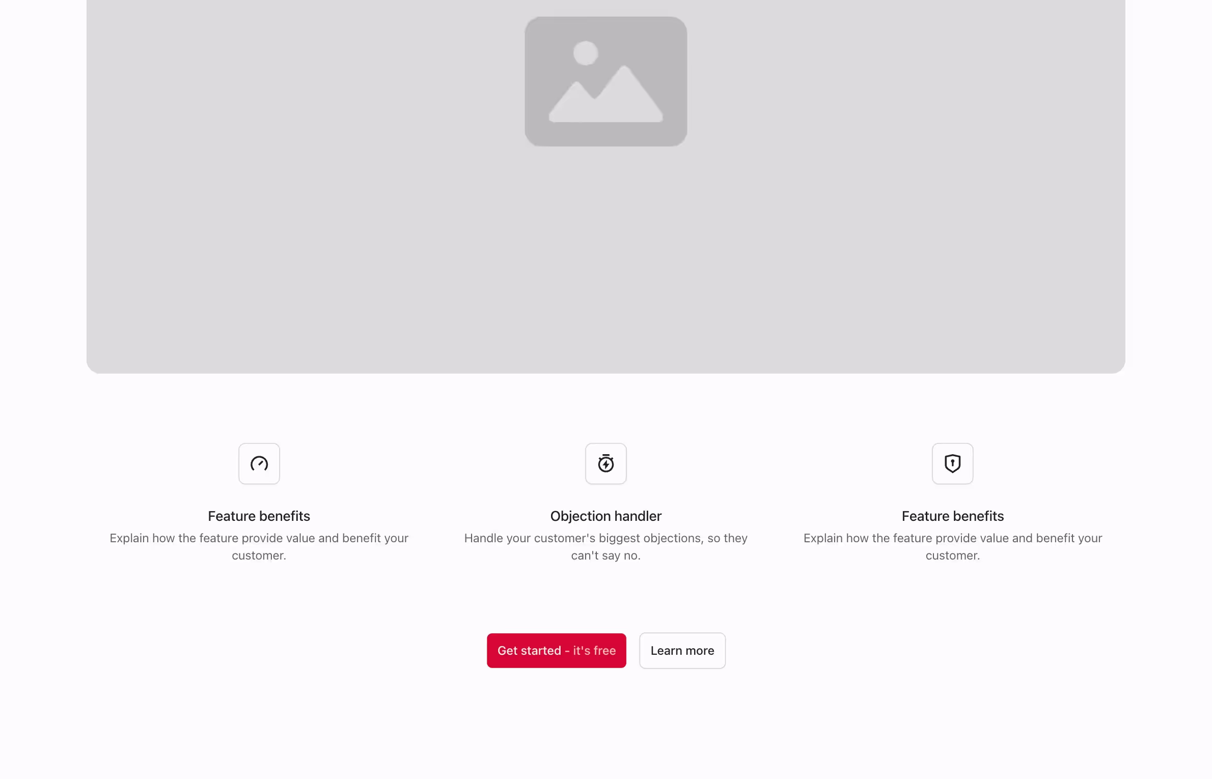 A classic hero header with a bold title, subtitle, and dual call-to-action buttons above a large image, followed by three icon-labeled sections highlighting feature benefits and an objection handler.