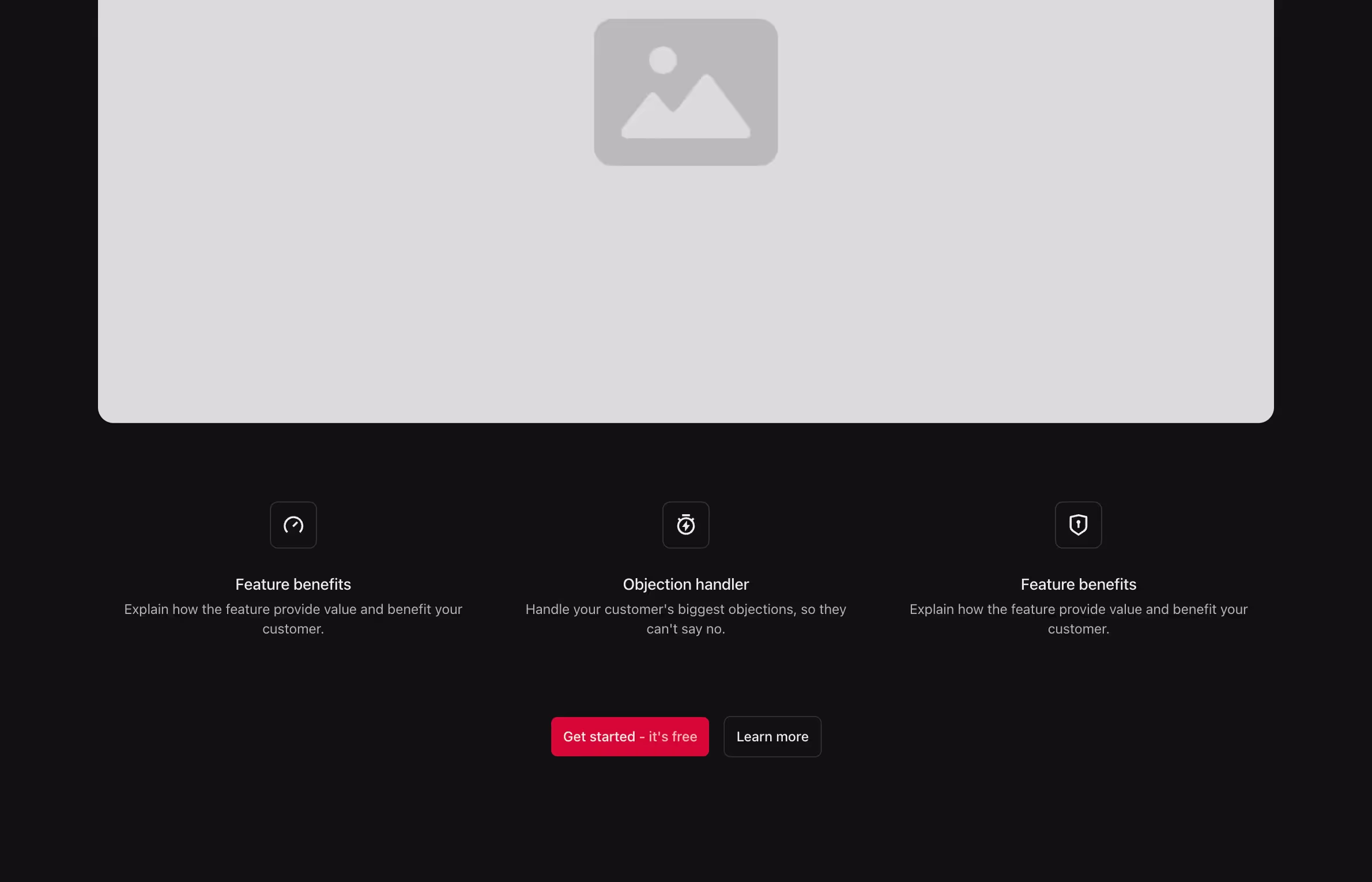 A classic hero header with a bold title, subtitle, and dual call-to-action buttons above a large image, followed by three icon-labeled sections highlighting feature benefits and an objection handler.