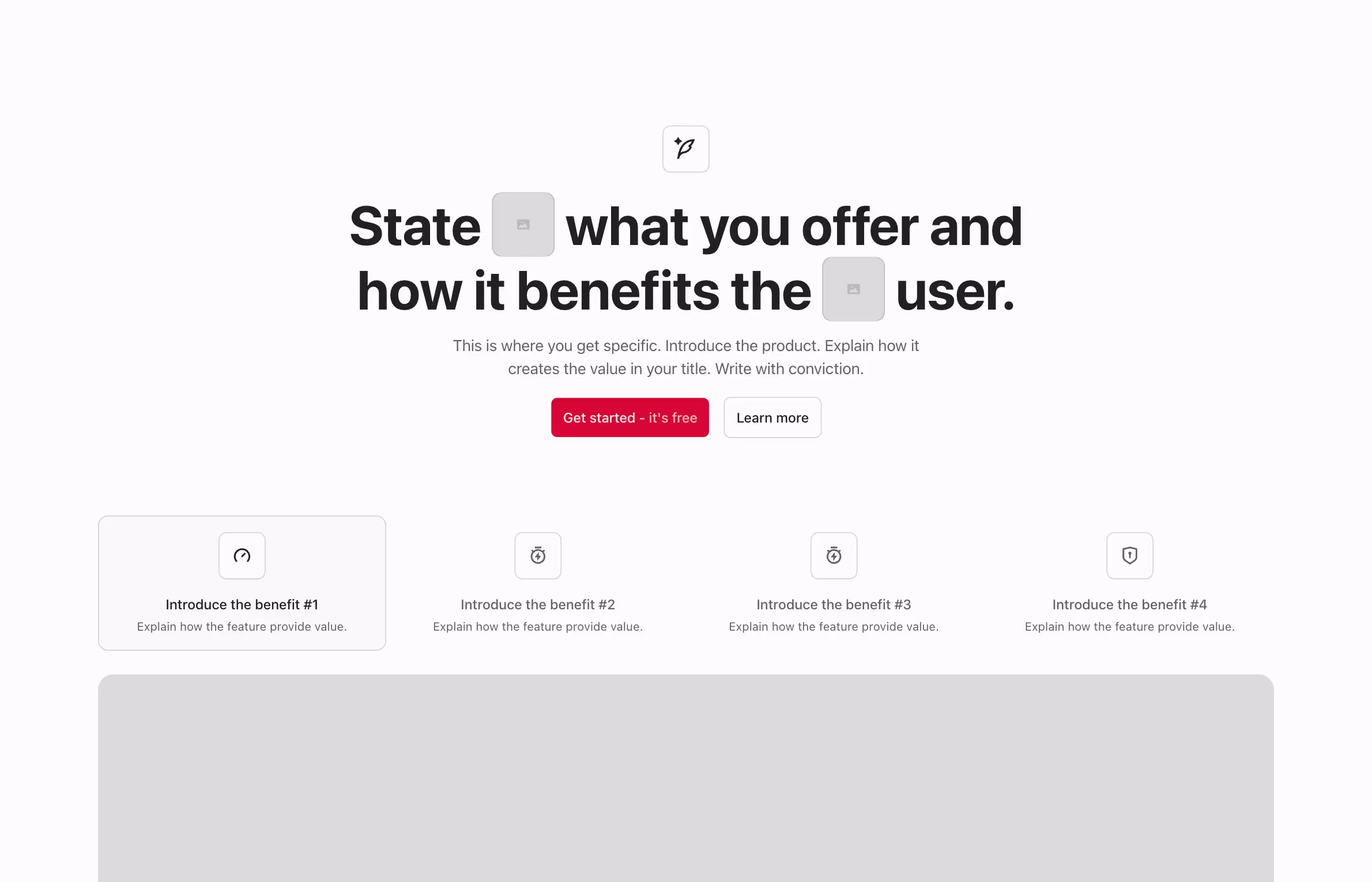 Hero header featuring a title, subtitle, CTA buttons, and four benefit tabs with icons and descriptions.