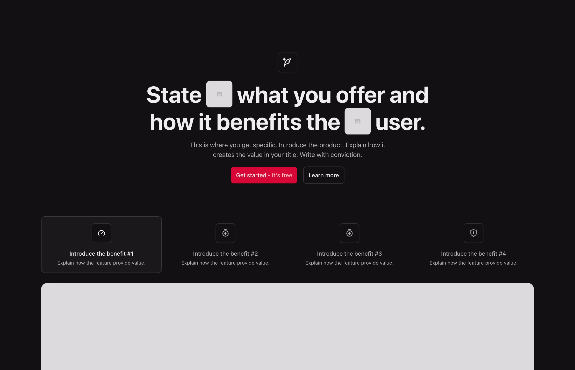 Hero header featuring a title, subtitle, CTA buttons, and four benefit tabs with icons and descriptions.