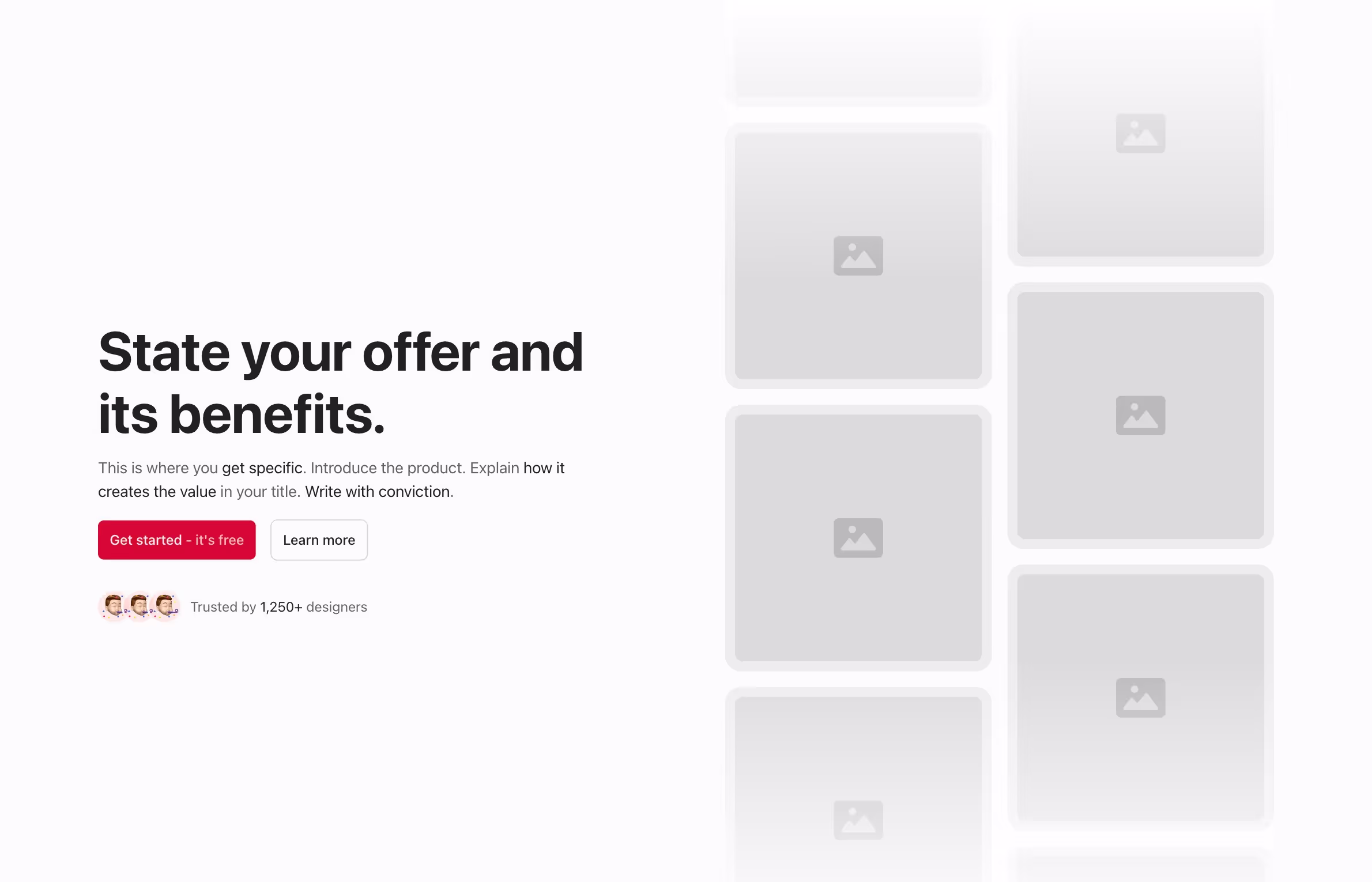 Hero header with a bold title, subtitle, two CTA buttons, and a designer trust badge. A vertical grid of image adds visual interest on the right.
