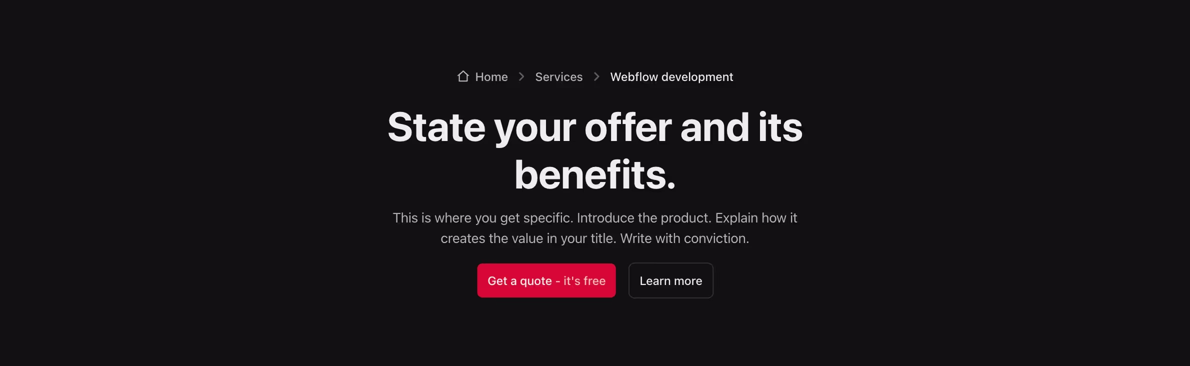 Header component with centered layout with breadcrumb navigation above a bold title, description, and two side-by-side CTA buttons.