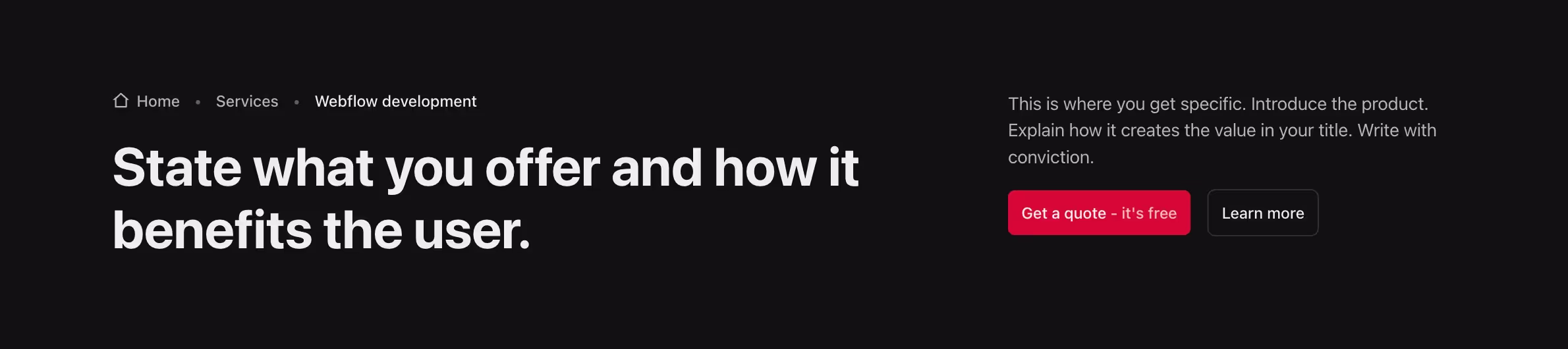 This header has a two-column layout. On the left, it displays a breadcrumb navigation above a bold title. On the right, there is a brief description, followed by two side-by-side CTA buttons.