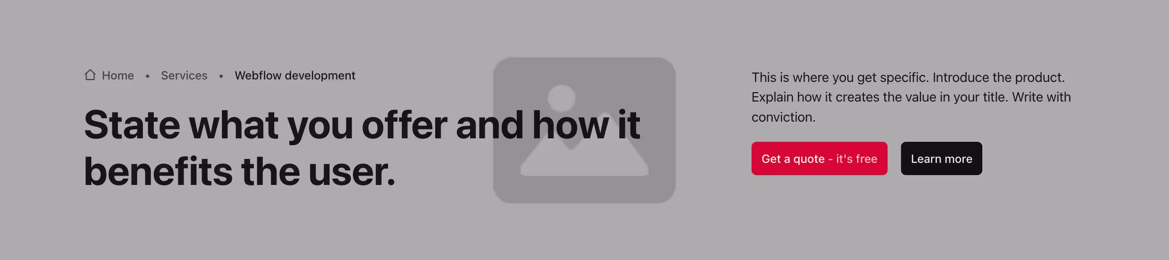 This header has a two-column layout. On the left, it displays a breadcrumb navigation above a bold title. On the right, there is a brief description, followed by two side-by-side CTA buttons and background image.