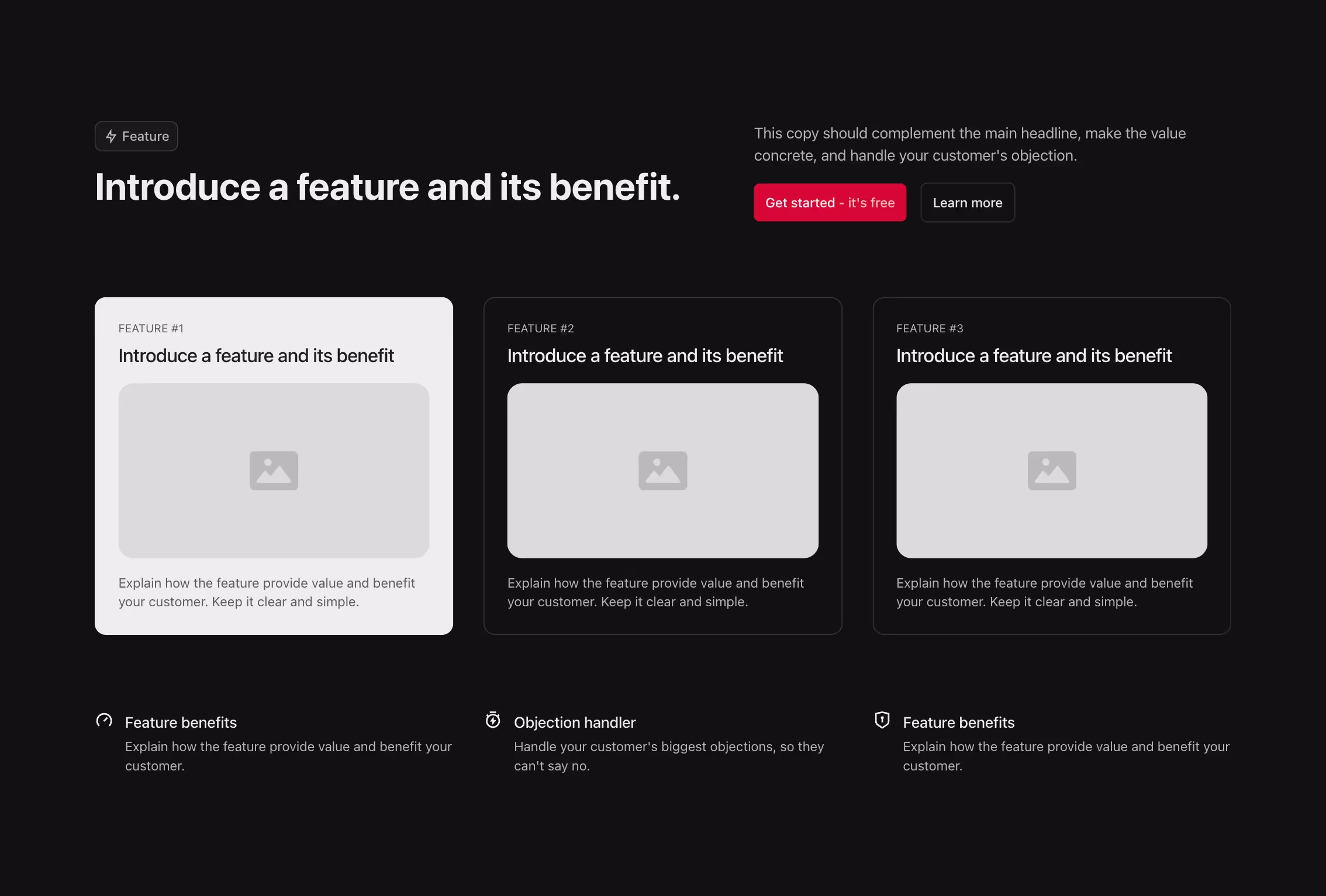 This Webflow component has a three-column feature layout with a highlighted dark card and supporting light cards, plus an icon-based benefits section below.