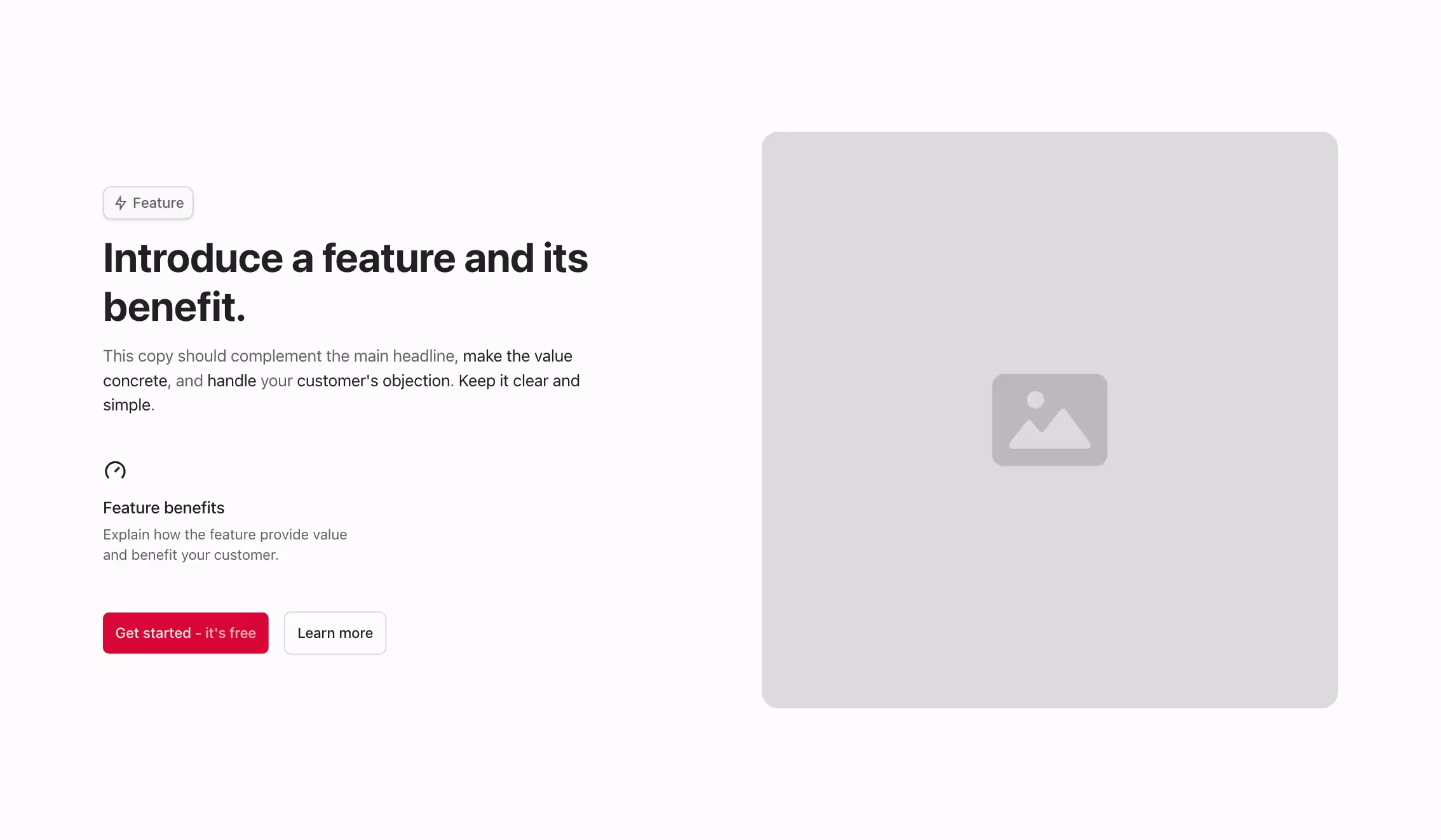 This Webflow component features a two-column layout with text and an icon on the left and an image on the right, along with CTA buttons below the text.