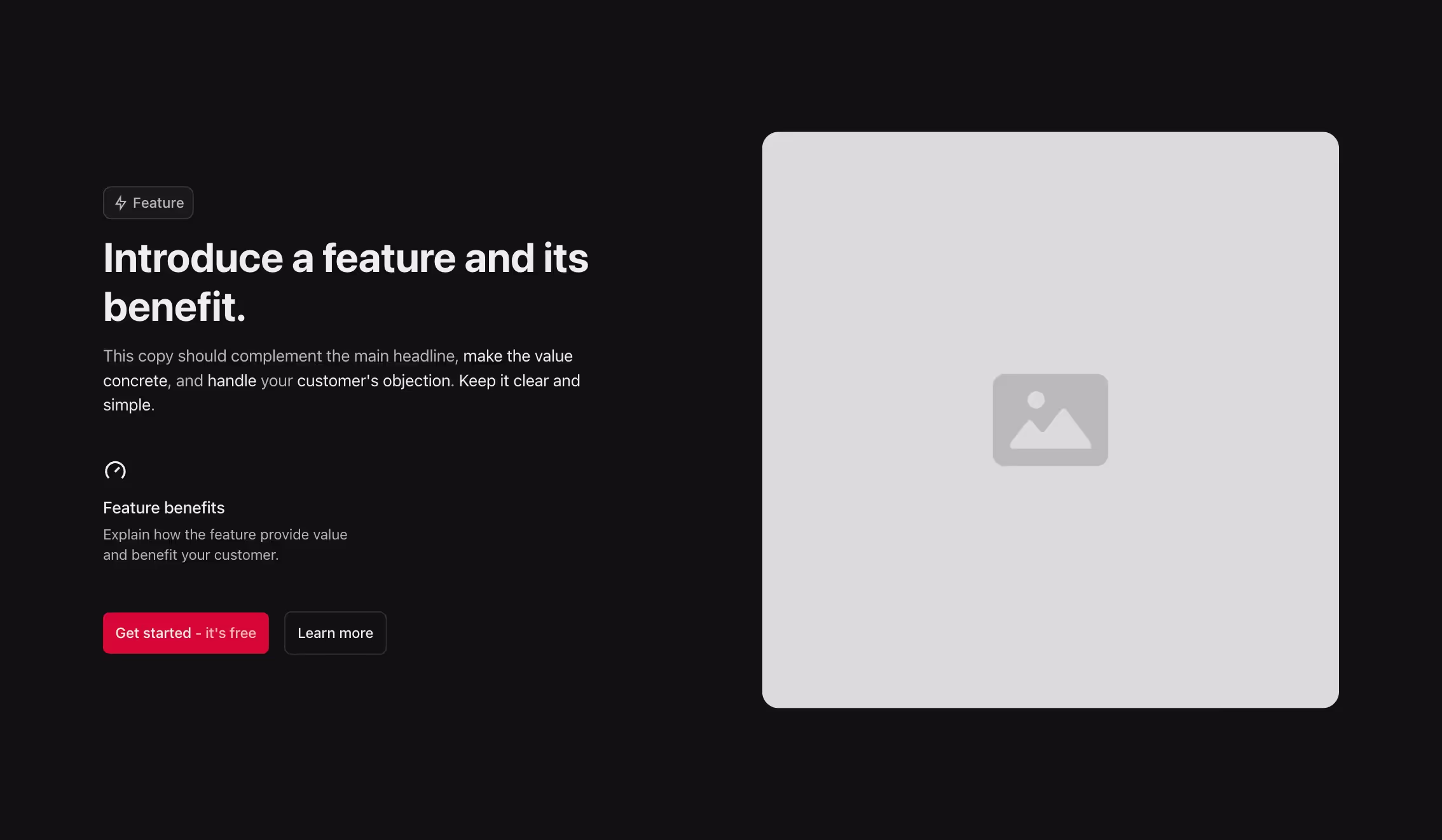 This Webflow component features a two-column layout with text and an icon on the left and an image on the right, along with CTA buttons below the text.