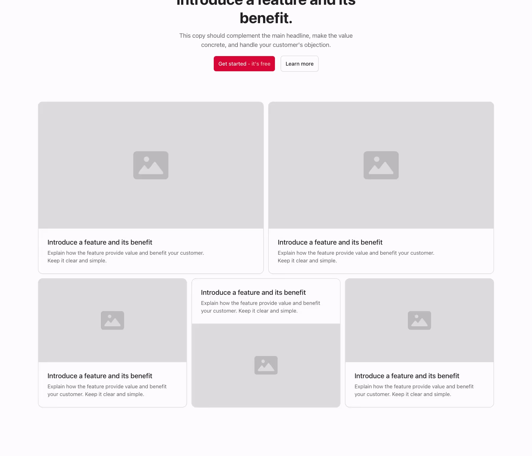 This Webflow component features a grid layout with five feature cards, arranged in two rows: three in the top row and two in the bottom. Each card includes space for an image, a title, and a description.