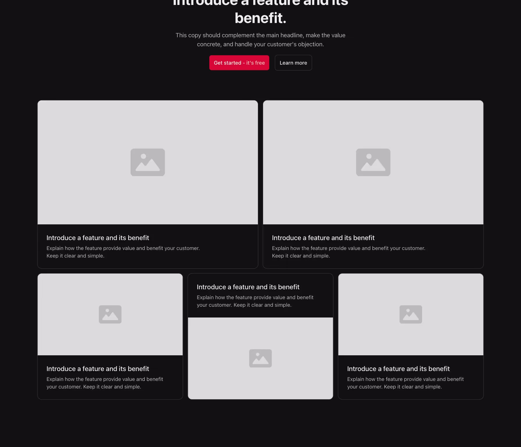This Webflow component features a grid layout with five feature cards, arranged in two rows: three in the top row and two in the bottom. Each card includes space for an image, a title, and a description.