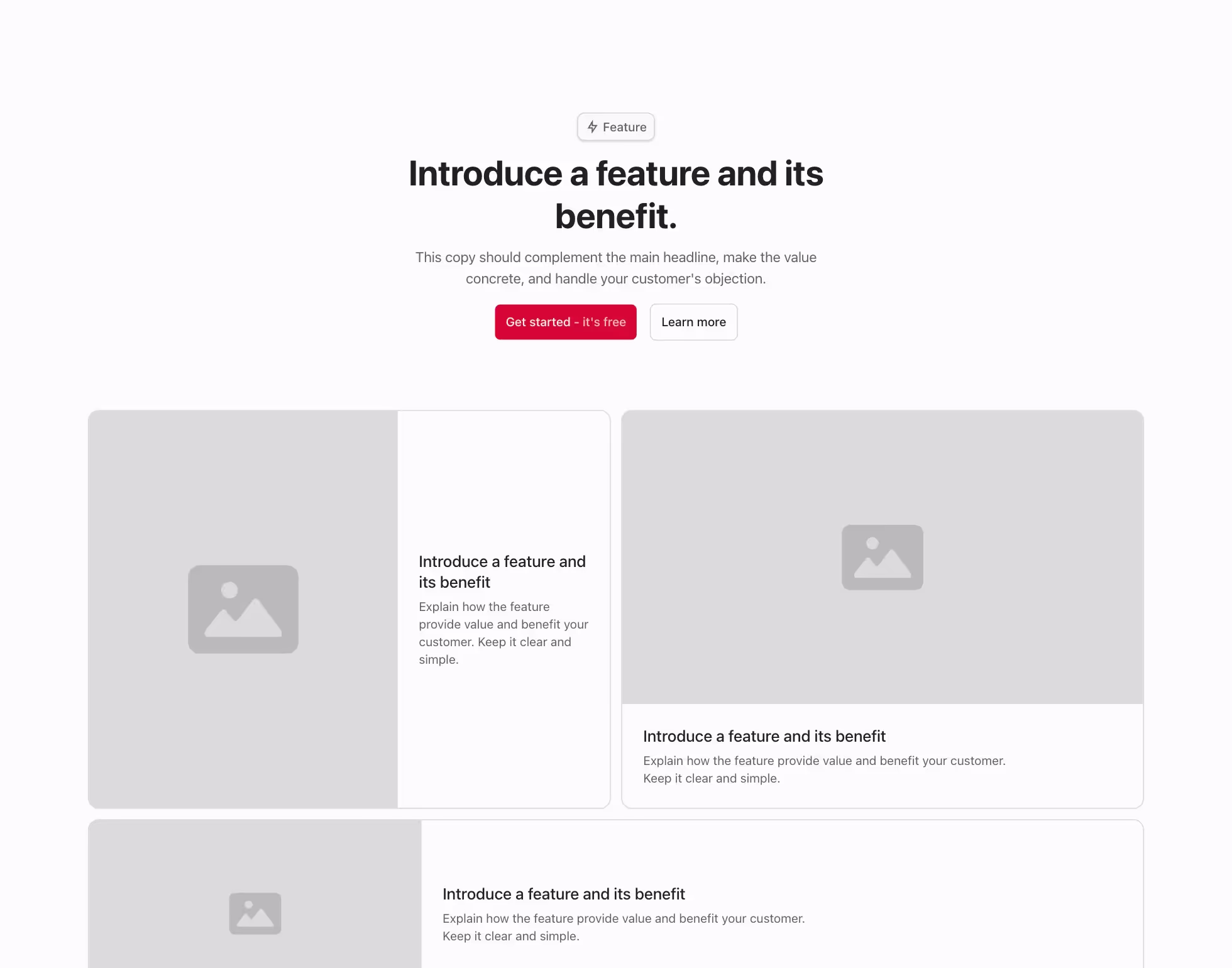 This Webflow component features a grid layout with four feature cards. Two larger cards are placed on the top row, while two smaller ones form the bottom row. Each card contains space for an image, a title, and a description.