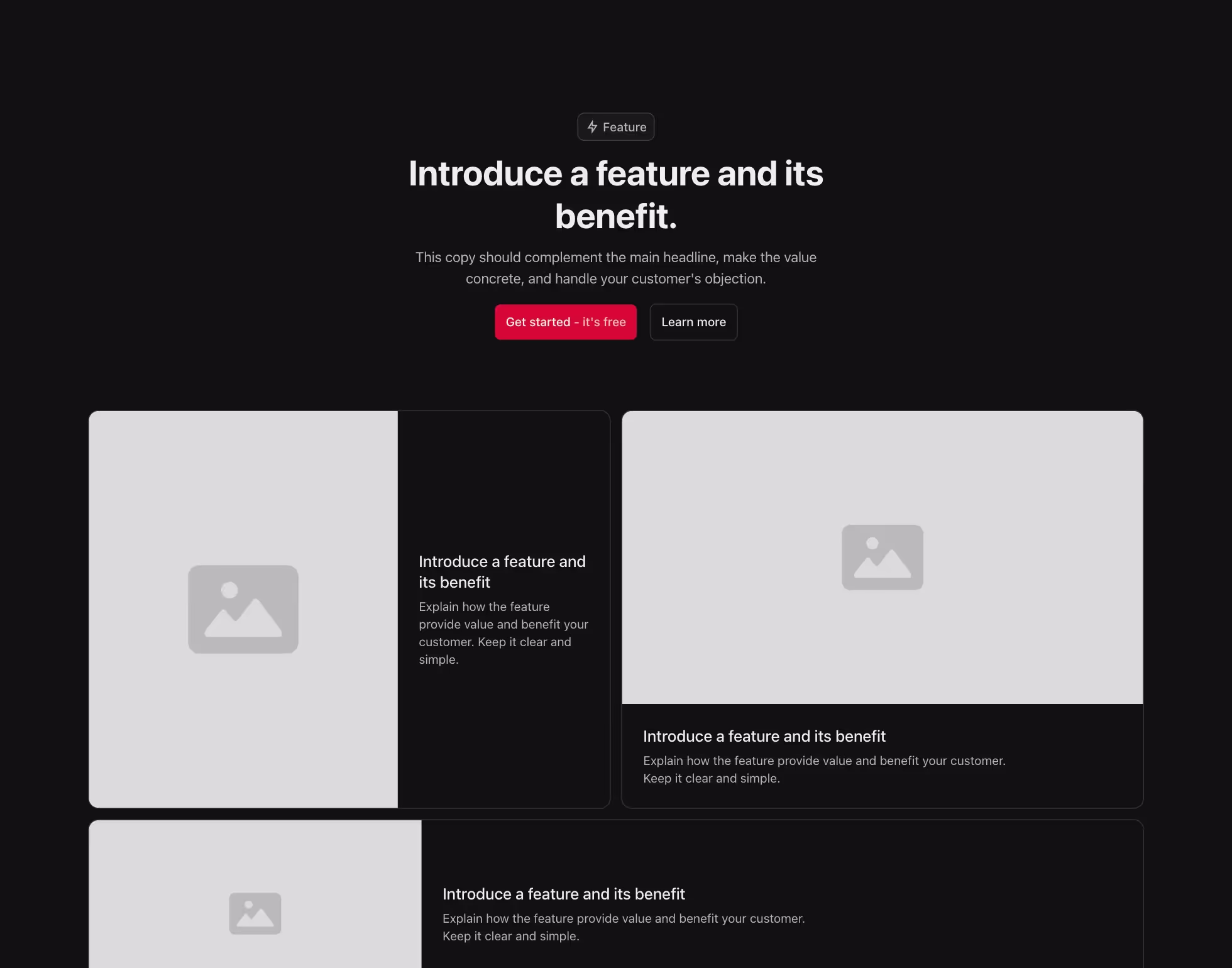 This Webflow component features a grid layout with four feature cards. Two larger cards are placed on the top row, while two smaller ones form the bottom row. Each card contains space for an image, a title, and a description.
