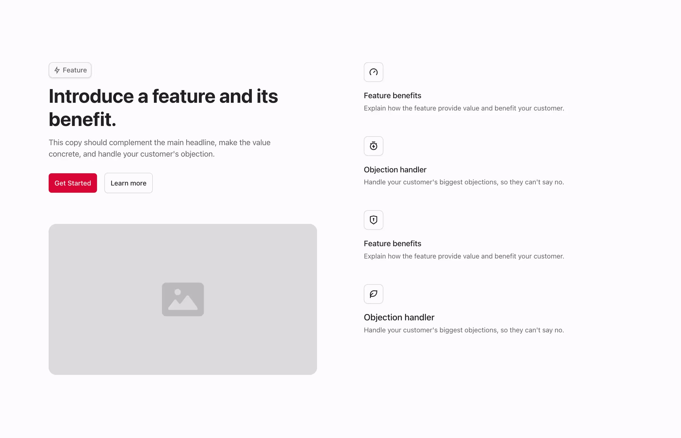 This Webflow component features a two-column layout. The left column includes a heading, subheading, buttons, and an image. The right column lists vertical feature cards with icons and descriptions.