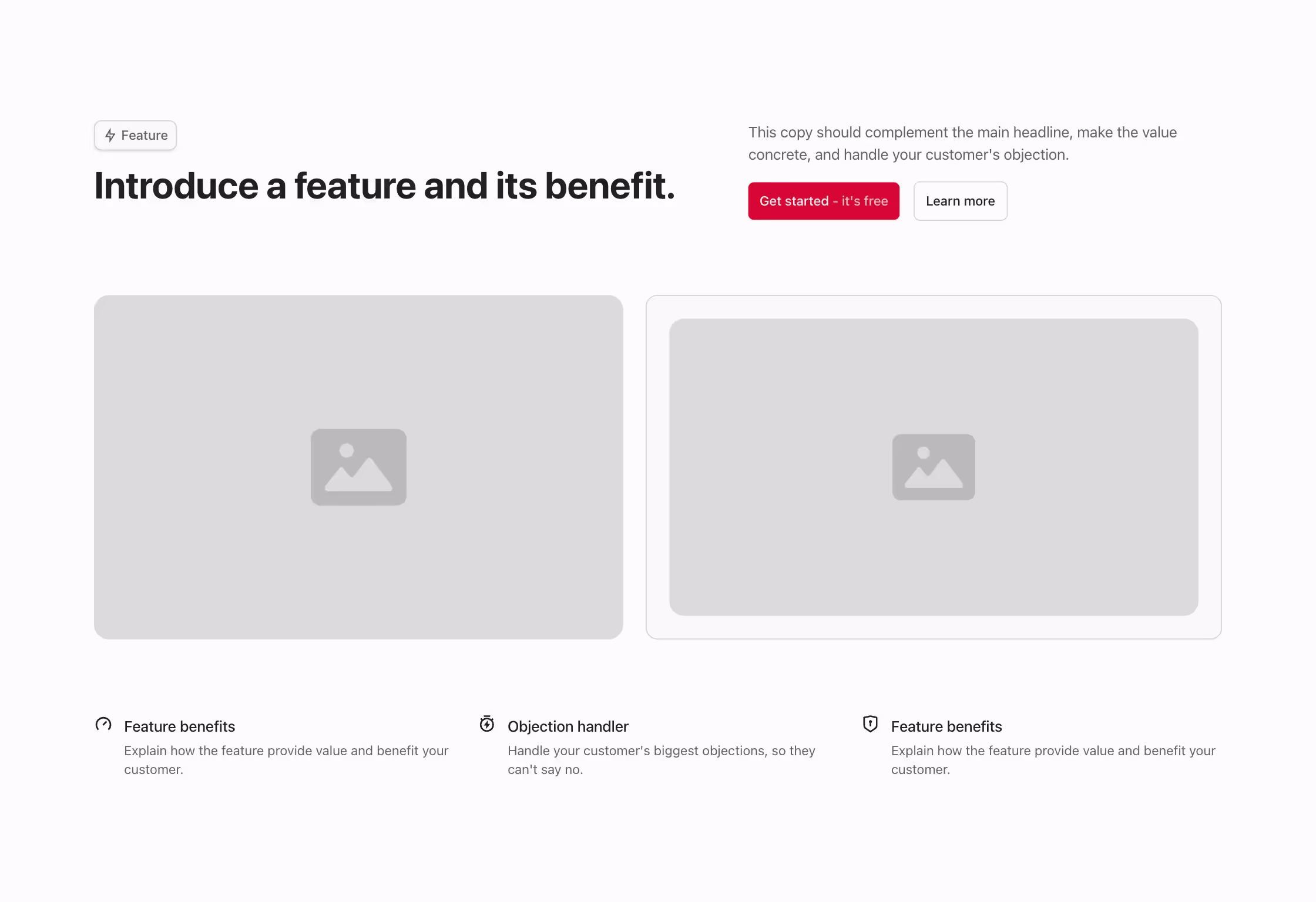 This Webflow component features a grid layout. The top row includes a heading, subheading, buttons, and two large image placeholders. The bottom row displays three feature cards with icons and brief descriptions.