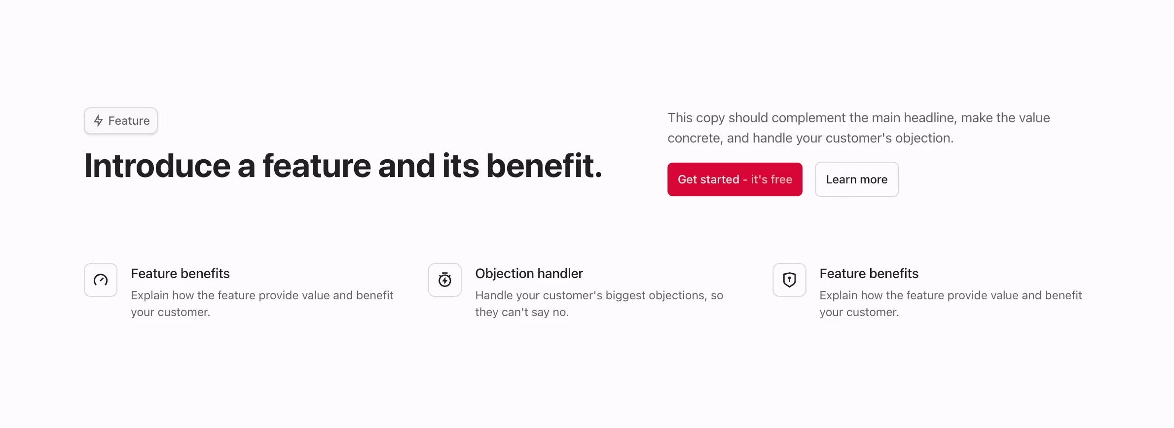 This Webflow component features a single-row layout. The left side includes a heading, subheading, and buttons, while the right side lists three feature cards with icons and concise descriptions.