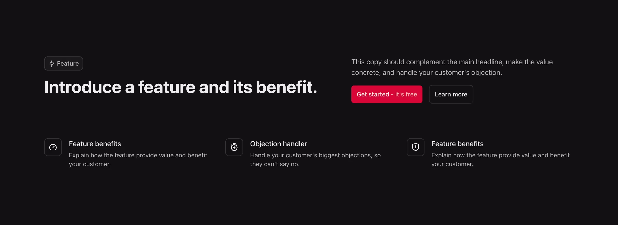This Webflow component features a single-row layout. The left side includes a heading, subheading, and buttons, while the right side lists three feature cards with icons and concise descriptions.