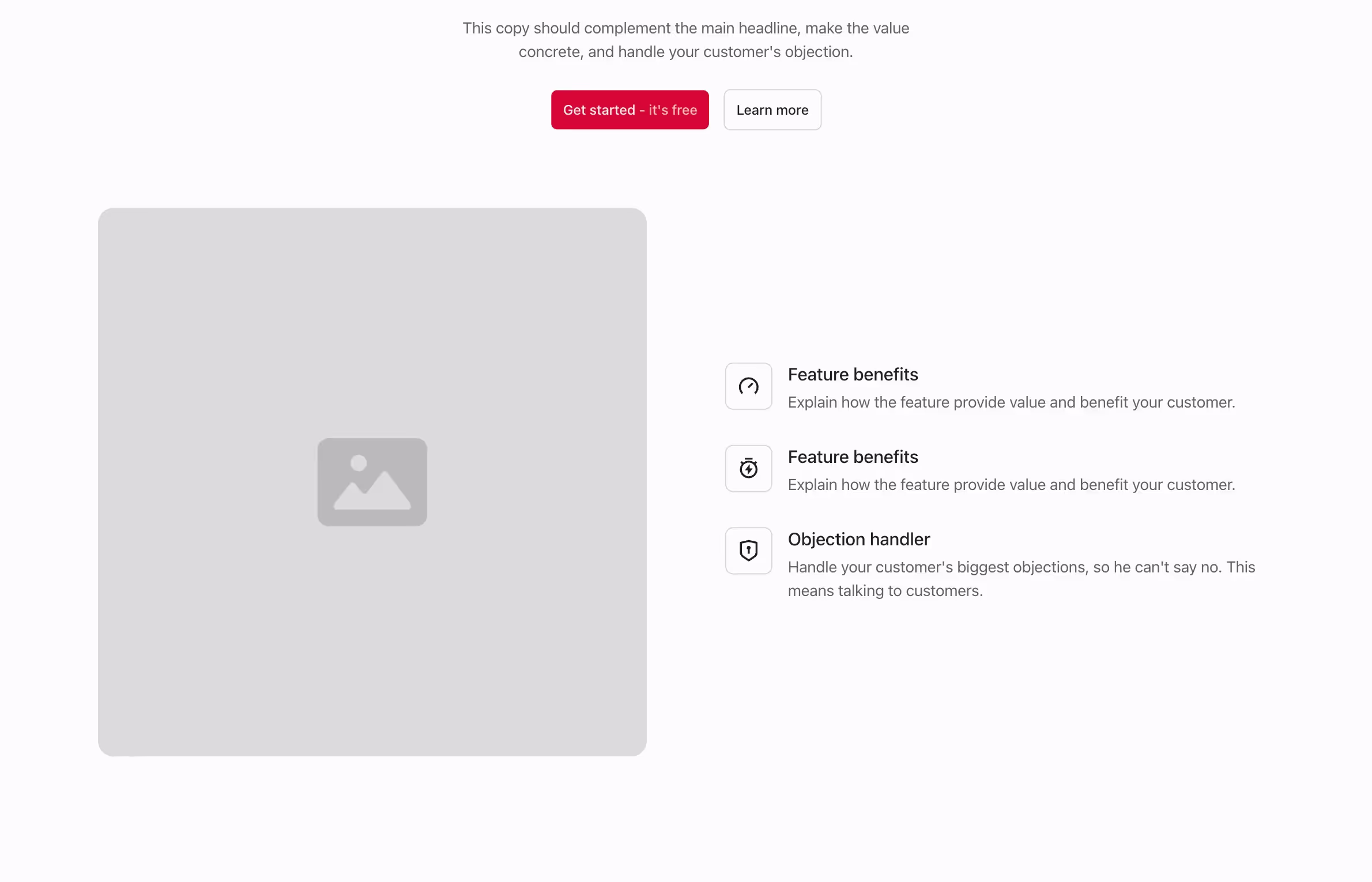 This Webflow component has a two-column layout. The left side contains a large image, while the right side lists three stacked feature cards with icons and text descriptions.