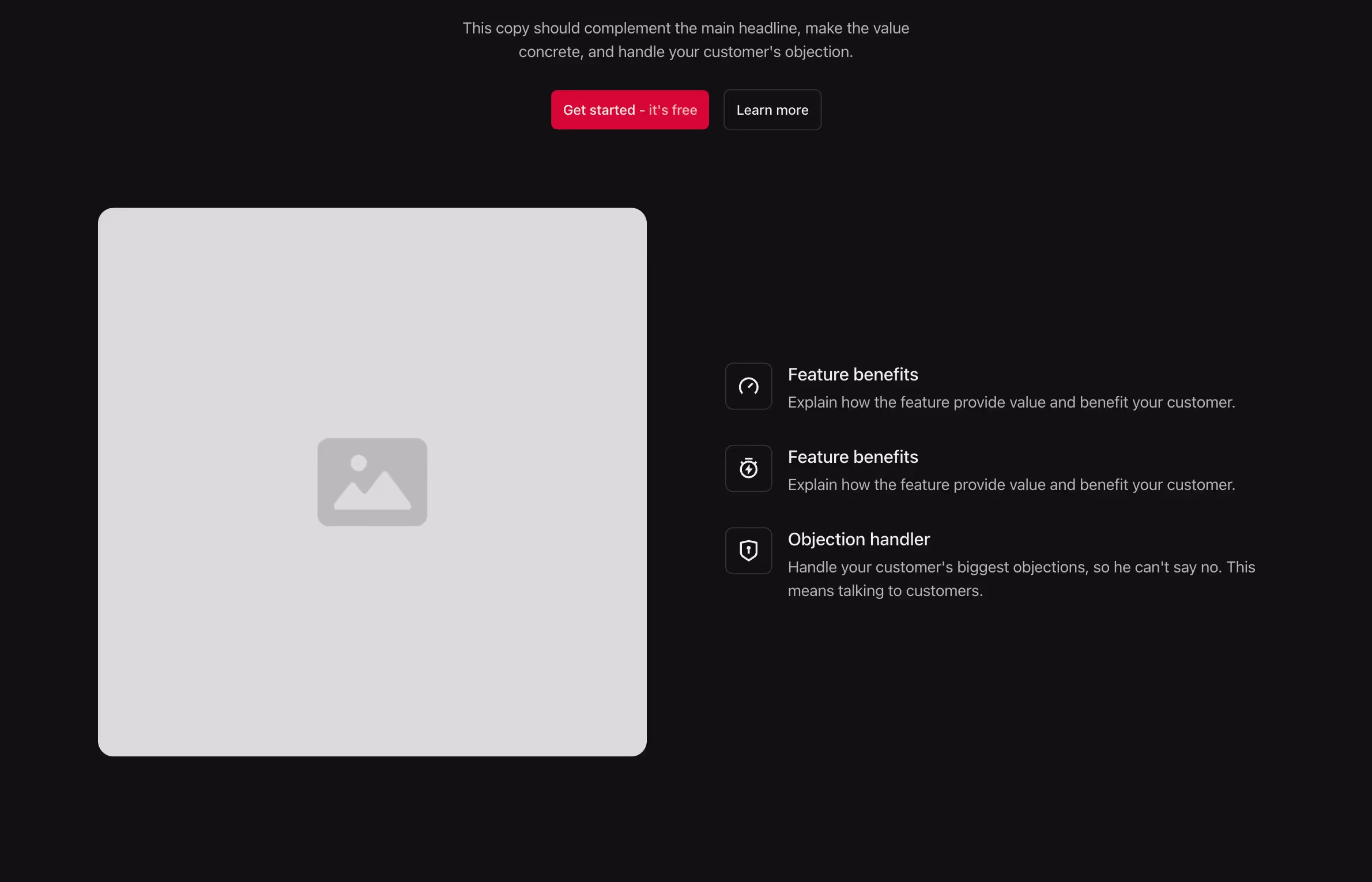 This Webflow component has a two-column layout. The left side contains a large image, while the right side lists three stacked feature cards with icons and text descriptions.