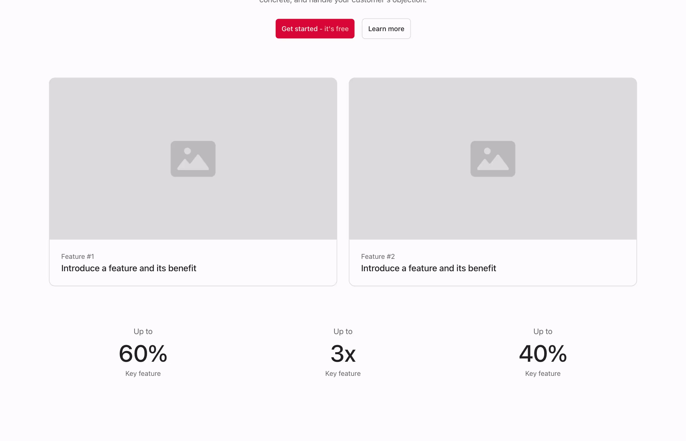 This Webflow component features a two-column layout at the top with side-by-side image cards and descriptions. Below, three evenly spaced key metrics are displayed with bold percentages and supporting text.