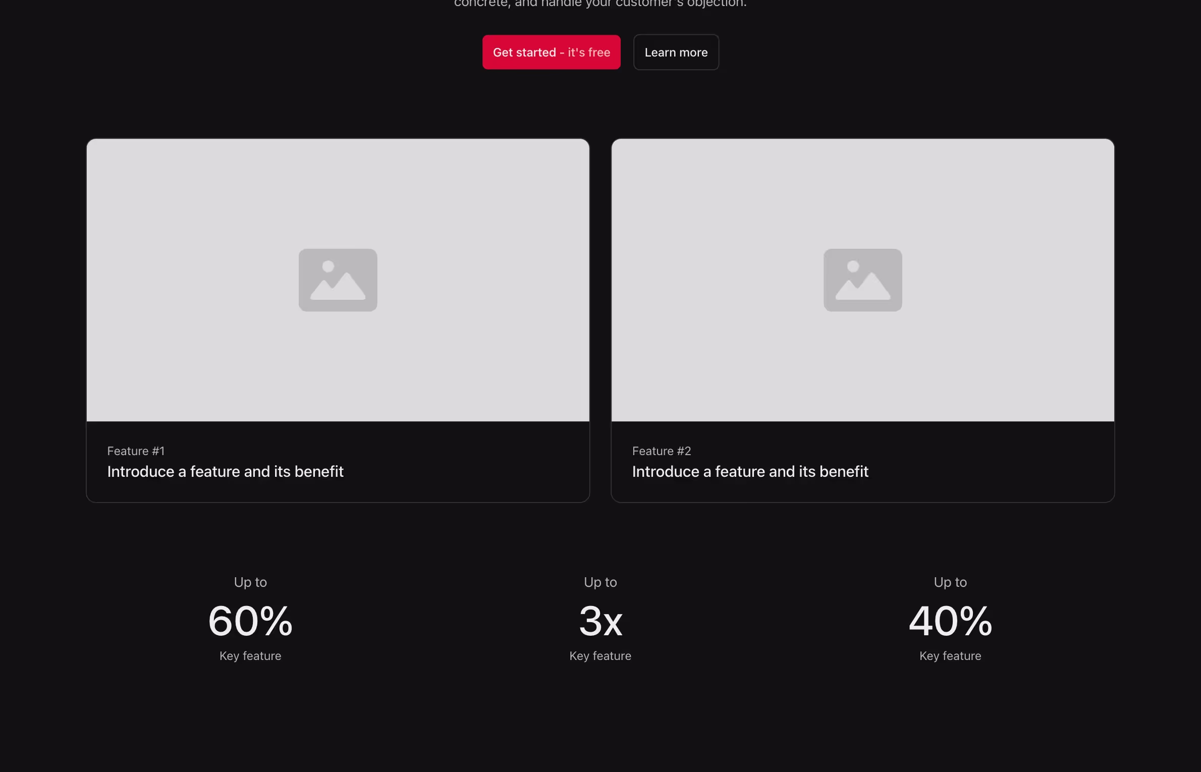 This Webflow component features a two-column layout at the top with side-by-side image cards and descriptions. Below, three evenly spaced key metrics are displayed with bold percentages and supporting text.