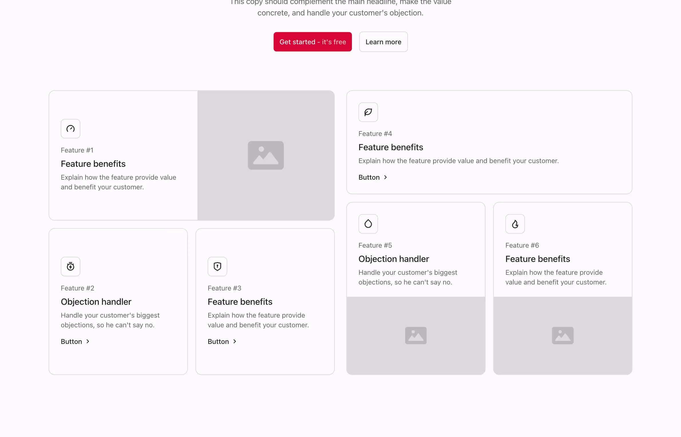This Webflow component has a grid layout with six cards. The top row contains three larger cards, including a central image. The bottom row features three smaller, evenly spaced cards with icons, text, and buttons.