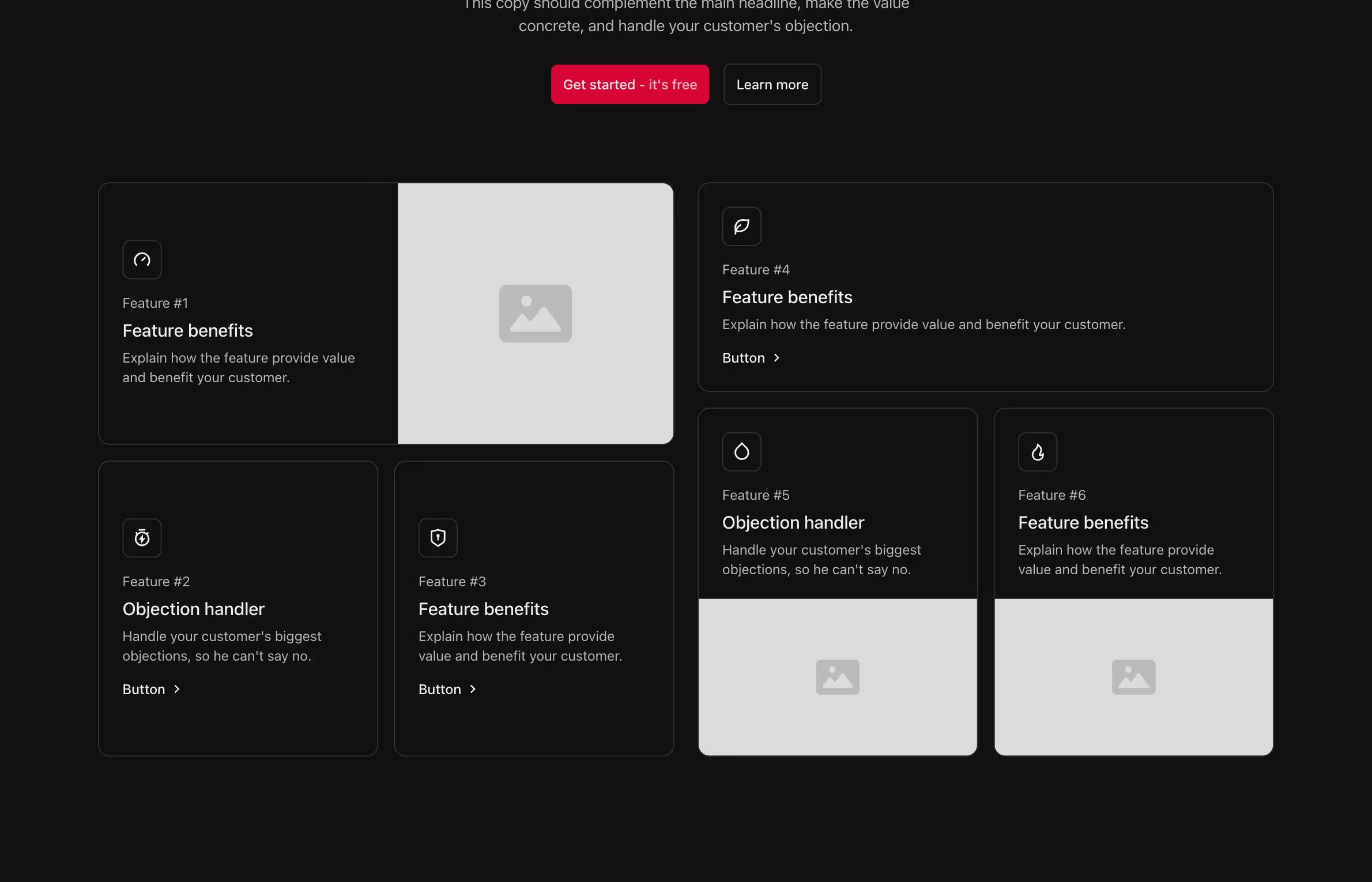 This Webflow component has a grid layout with six cards. The top row contains three larger cards, including a central image. The bottom row features three smaller, evenly spaced cards with icons, text, and buttons.