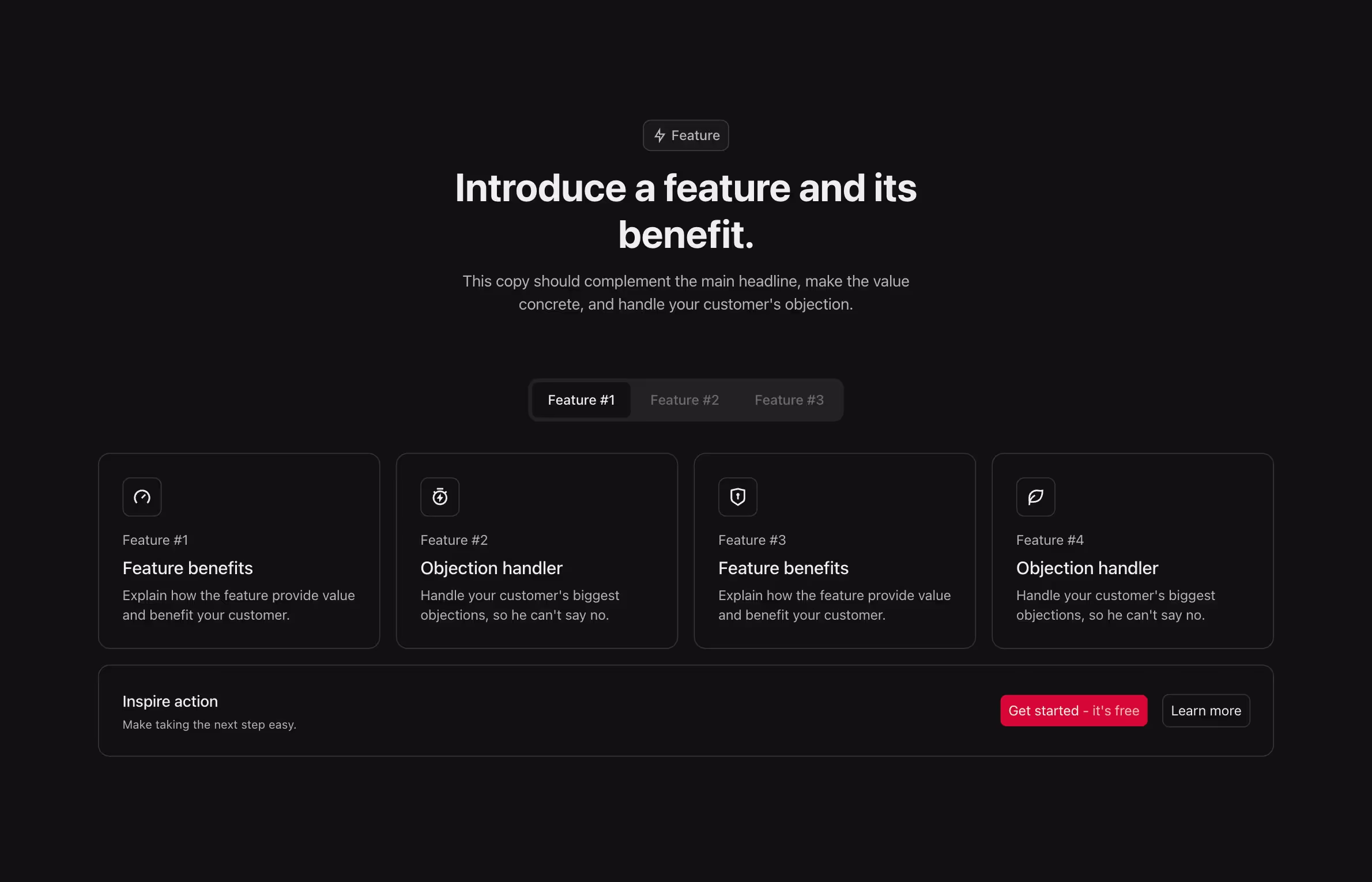 This Webflow component uses a tab-based layout with a title and description at the top, followed by a row of feature cards. Each tab displays four evenly spaced feature cards, with a CTA section at the bottom featuring text and buttons.