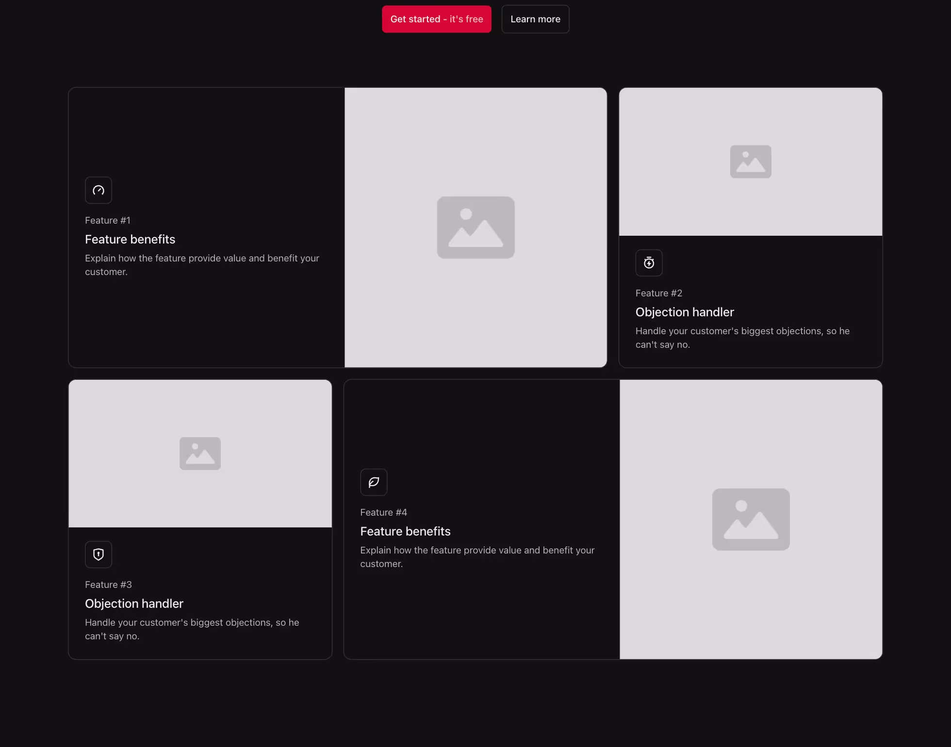 This Webflow component features a grid layout with staggered feature cards. The cards vary in width, creating a dynamic visual hierarchy. The design includes headings, descriptions, and icons for each feature, with a top-aligned CTA button.