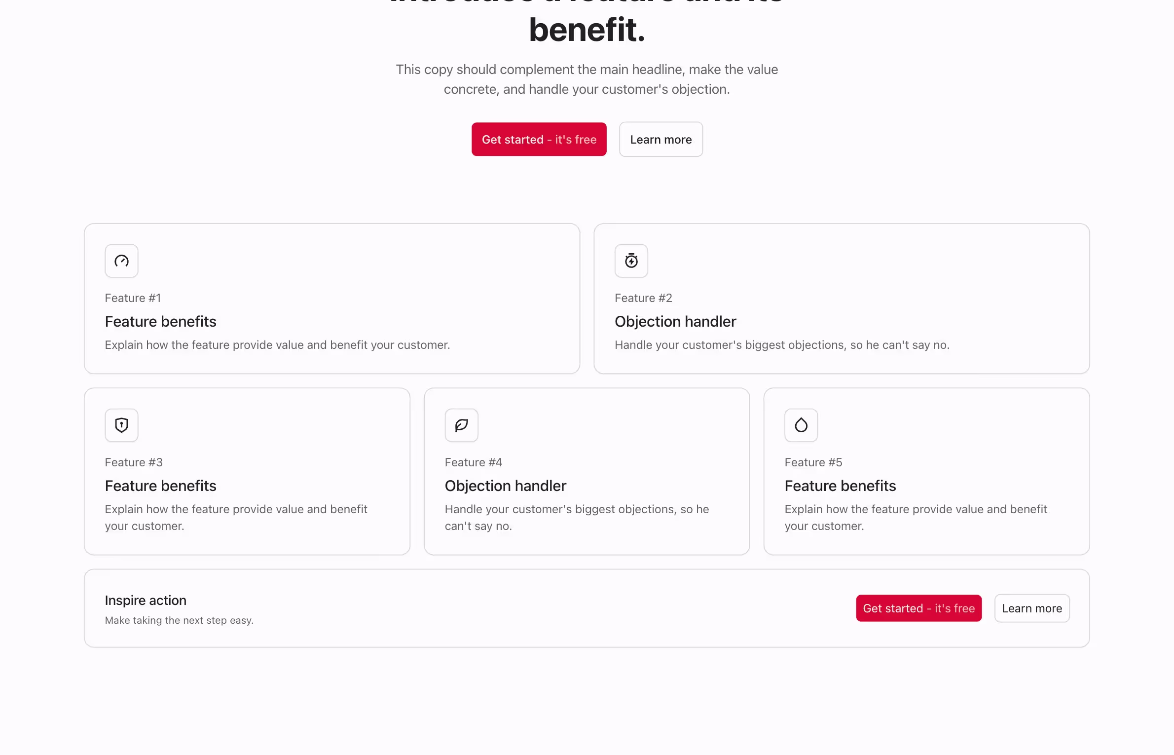 This Webflow component organizes features into a grid with two rows of cards, the first row containing larger horizontally aligned cards. Below, smaller feature cards are arranged side-by-side, with a centered "Inspire action" bar and call-to-action buttons at the bottom.