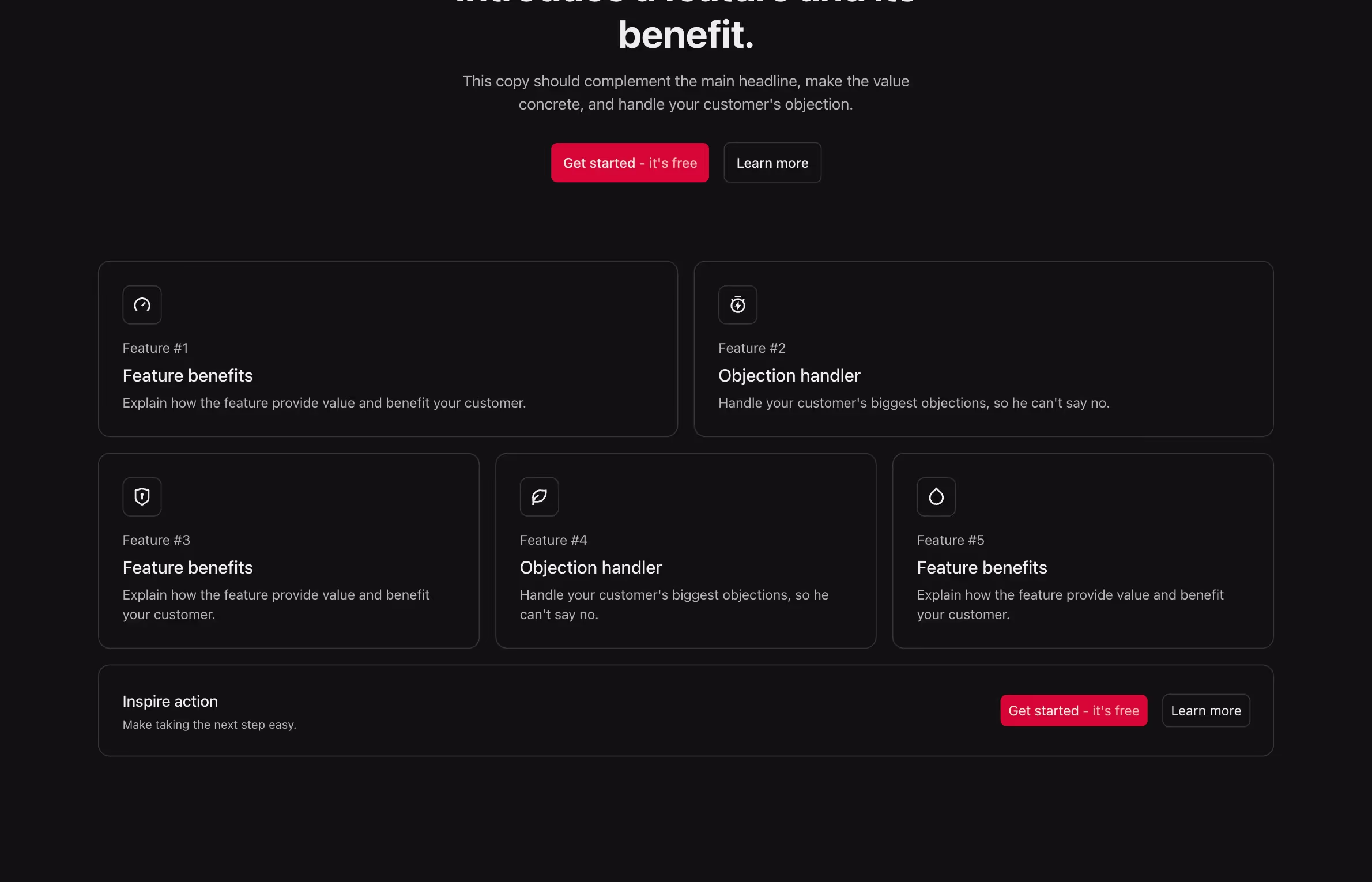 This Webflow component organizes features into a grid with two rows of cards, the first row containing larger horizontally aligned cards. Below, smaller feature cards are arranged side-by-side, with a centered "Inspire action" bar and call-to-action buttons at the bottom.