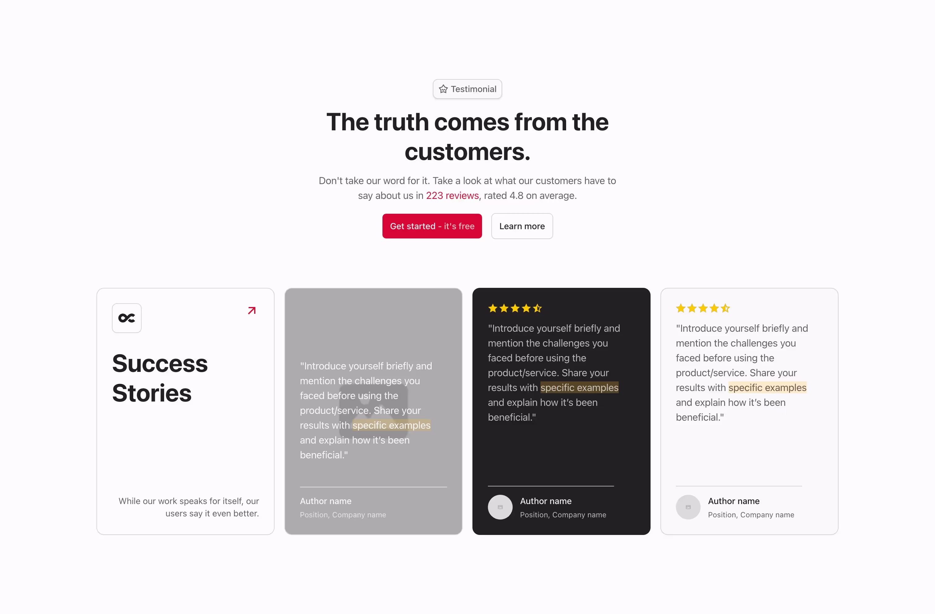 Testimonial Webflow component with a heading, call-to-action buttons, and a grid of one "Success Stories" card and three testimonial cards with star ratings and quotes.