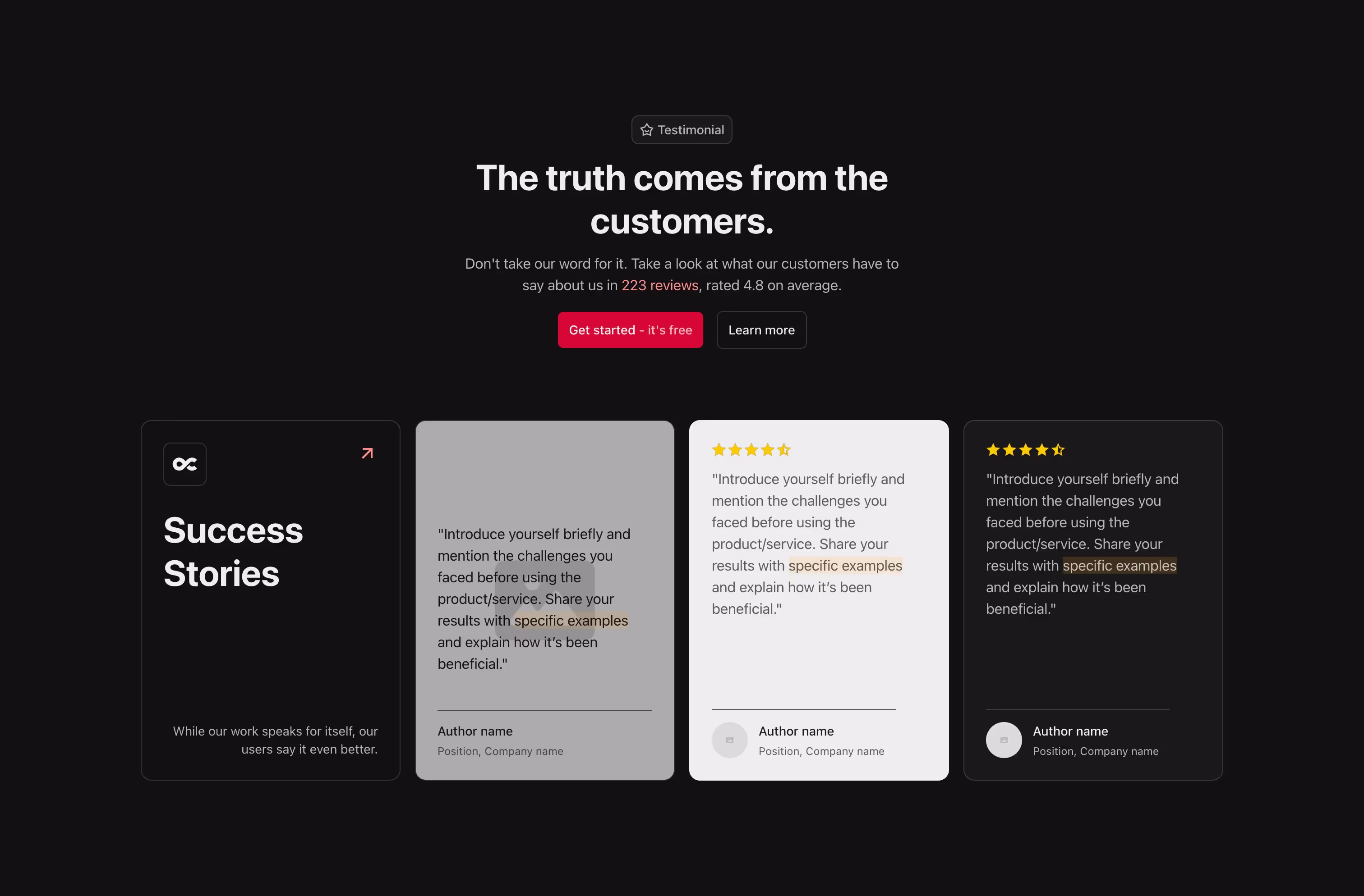 Testimonial Webflow component with a heading, call-to-action buttons, and a grid of one "Success Stories" card and three testimonial cards with star ratings and quotes.
