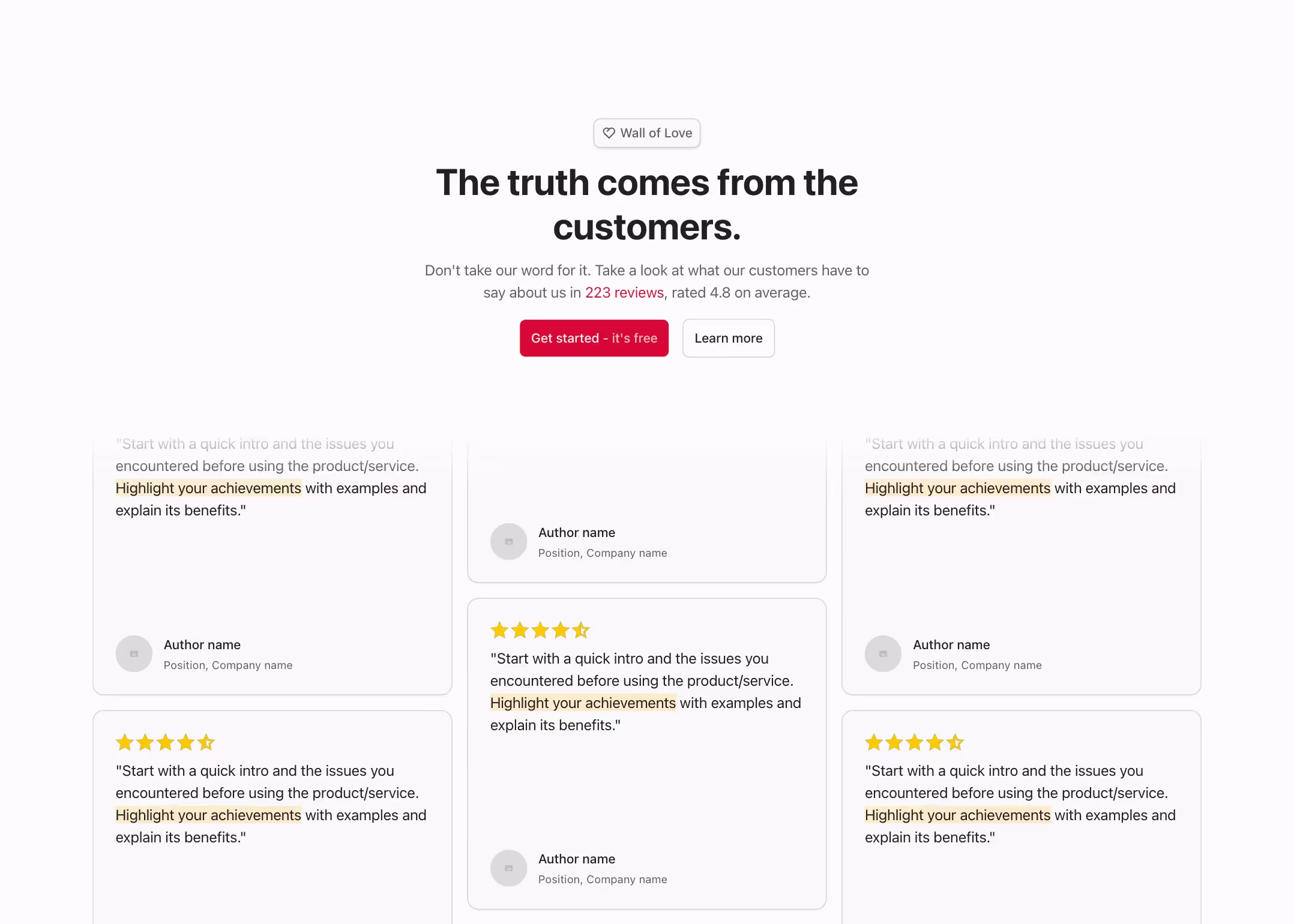 Testimonial Webflow component with a centered heading, subtext, call-to-action buttons, and a grid displaying six testimonials, including quotes, author details, and star ratings.