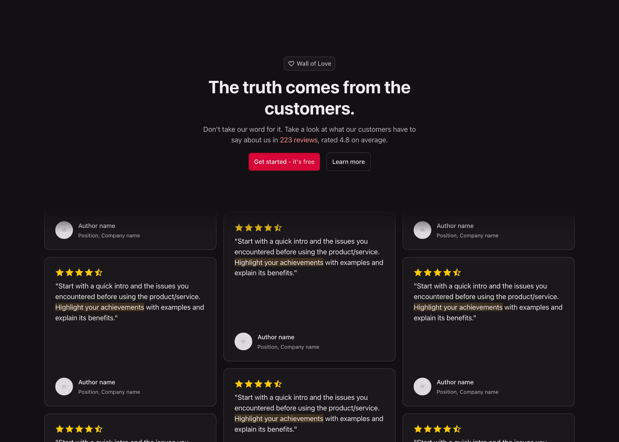 Testimonial Webflow component with a centered heading, subtext, call-to-action buttons, and a grid displaying six testimonials, including quotes, author details, and star ratings.