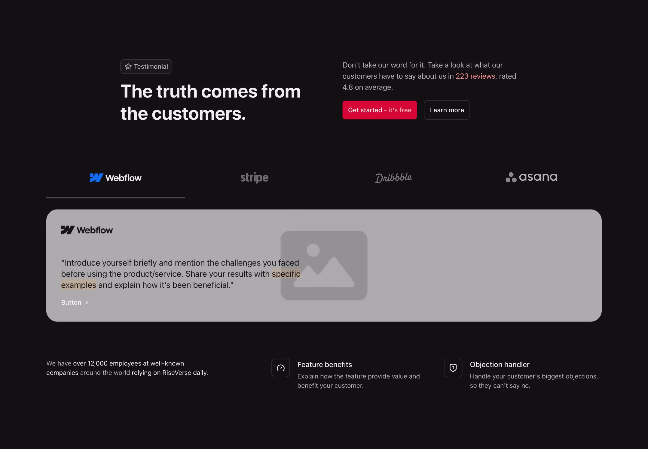 Testimonial Webflow component with a heading, CTA buttons, client logos, a featured testimonial, and supporting feature highlights.