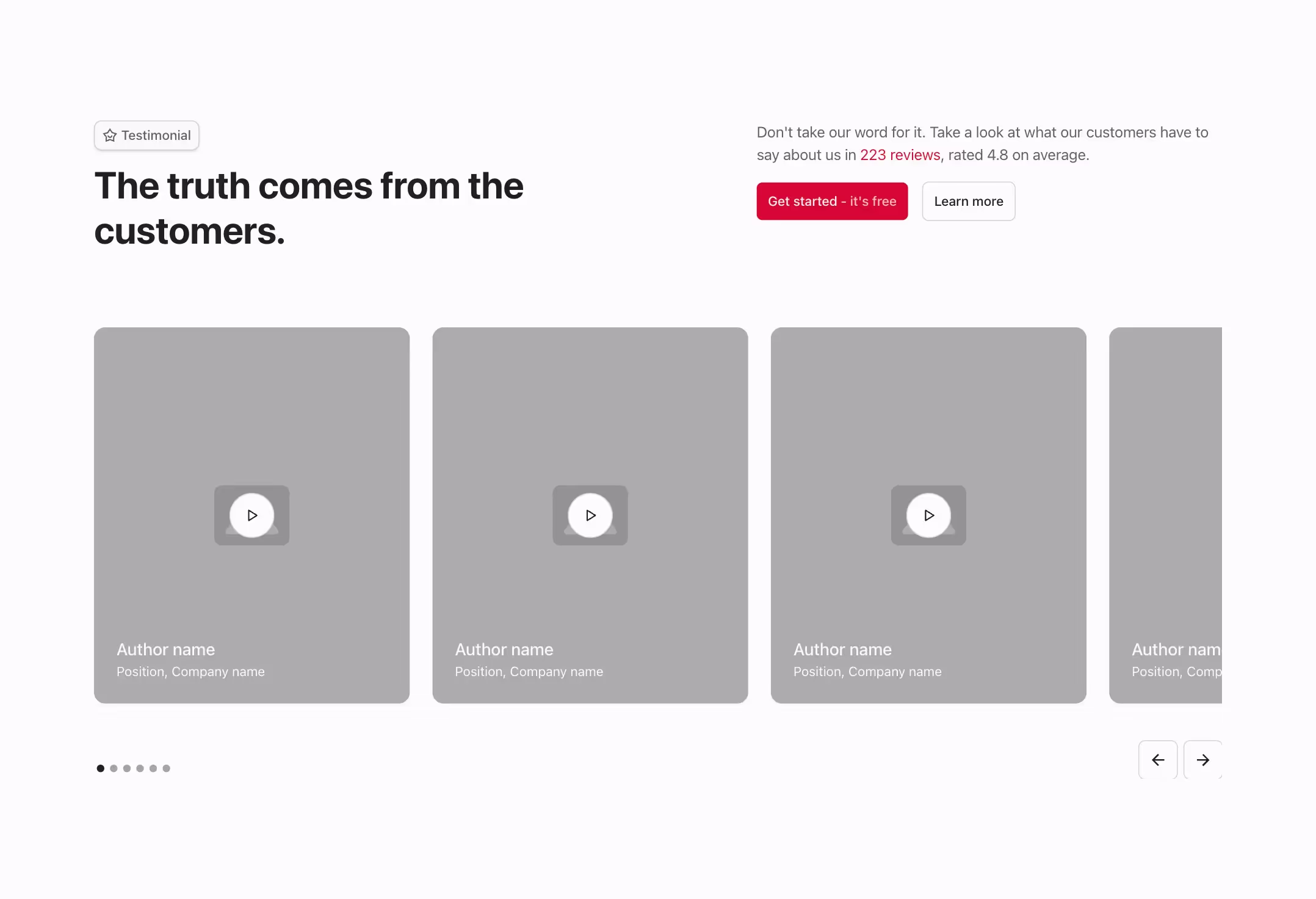 Testimonial Webflow component with a heading, description, CTA buttons, and a carousel showcasing video testimonials, author names, and navigation controls.