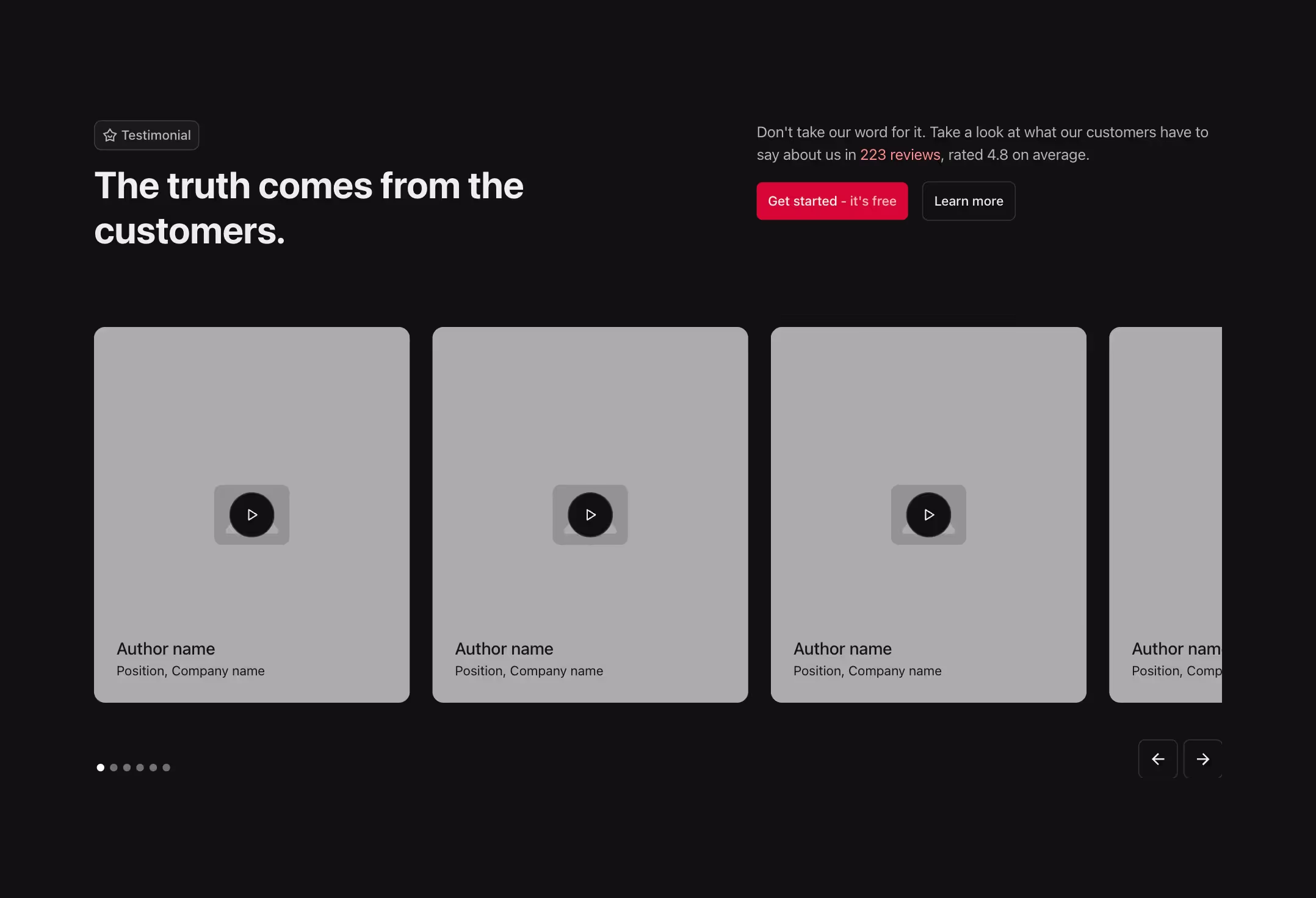 Testimonial Webflow component with a heading, description, CTA buttons, and a carousel showcasing video testimonials, author names, and navigation controls.