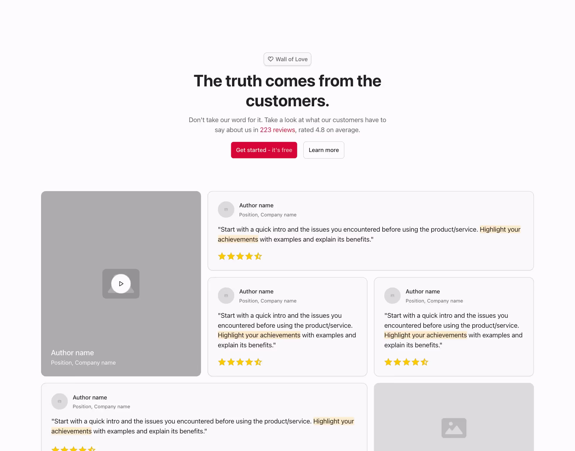 Testimonial Webflow component with a heading, video on the left, and a grid of reviews with star ratings and author details.