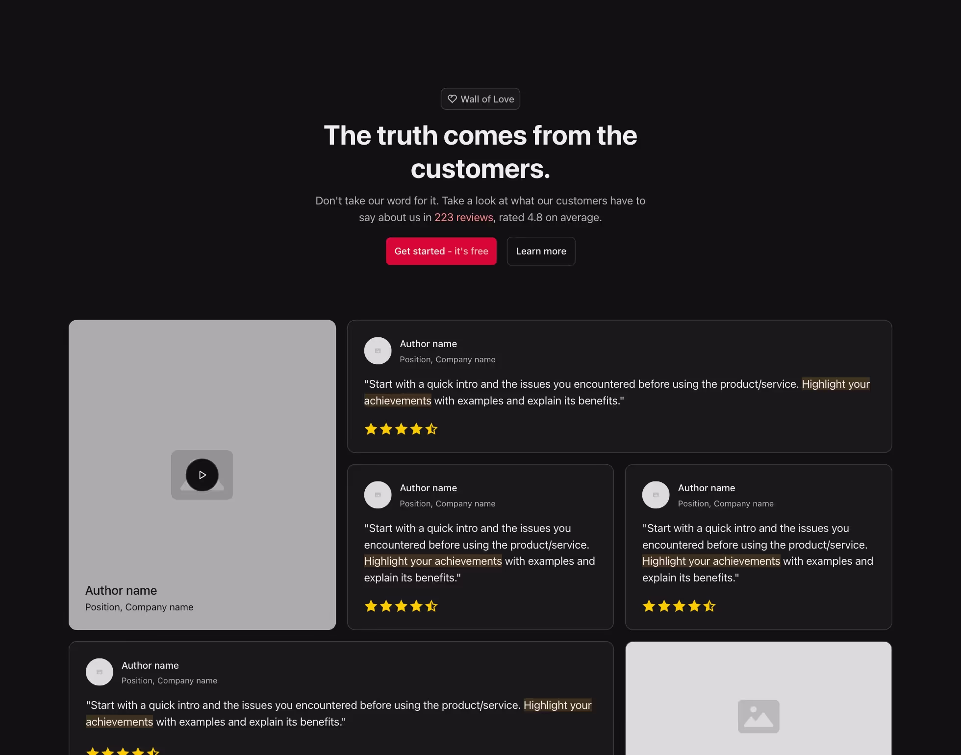Testimonial Webflow component with a heading, video on the left, and a grid of reviews with star ratings and author details.