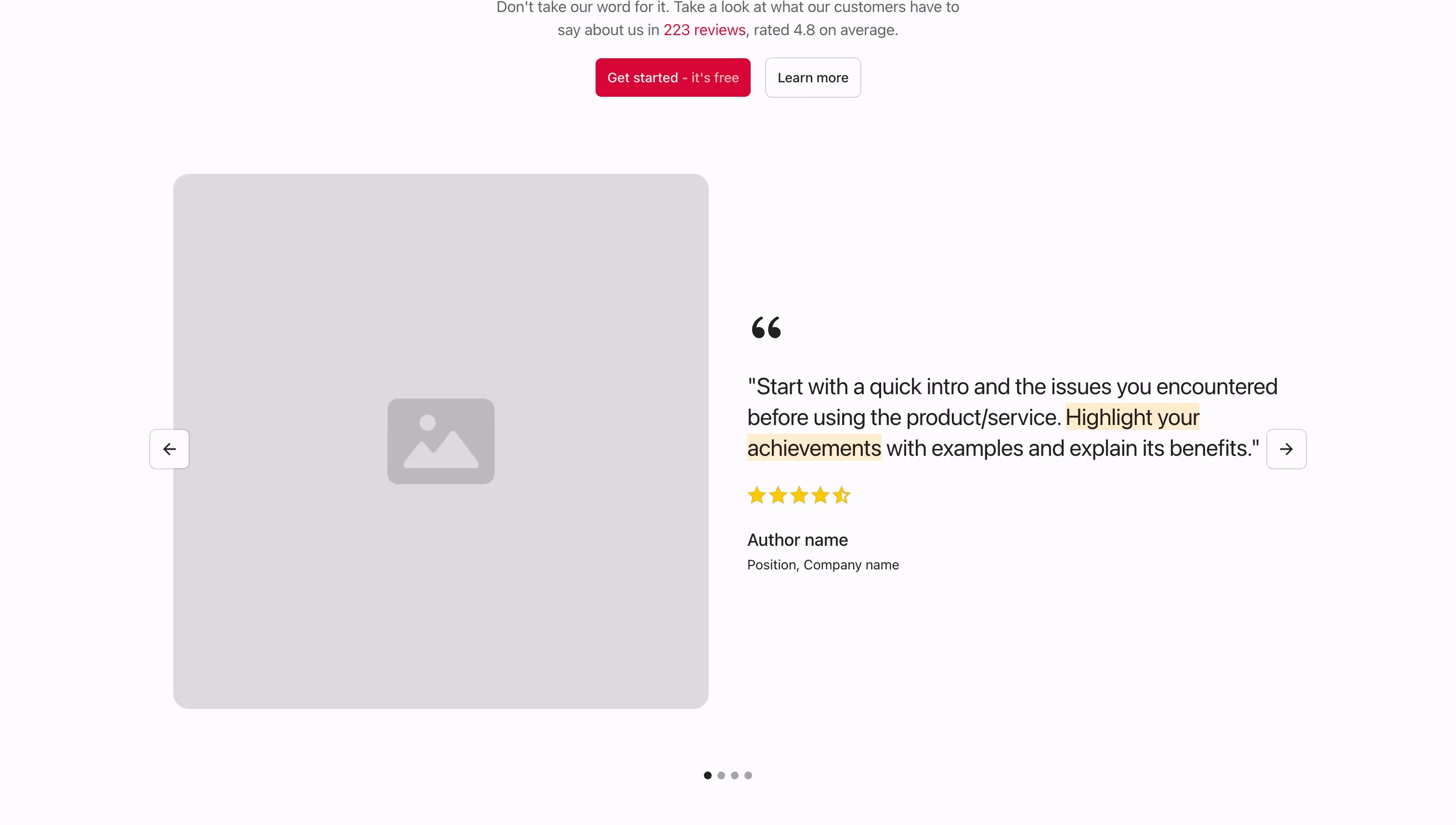 Two-column testimonial Webflow component with an image, text, author details, star rating, and navigation.